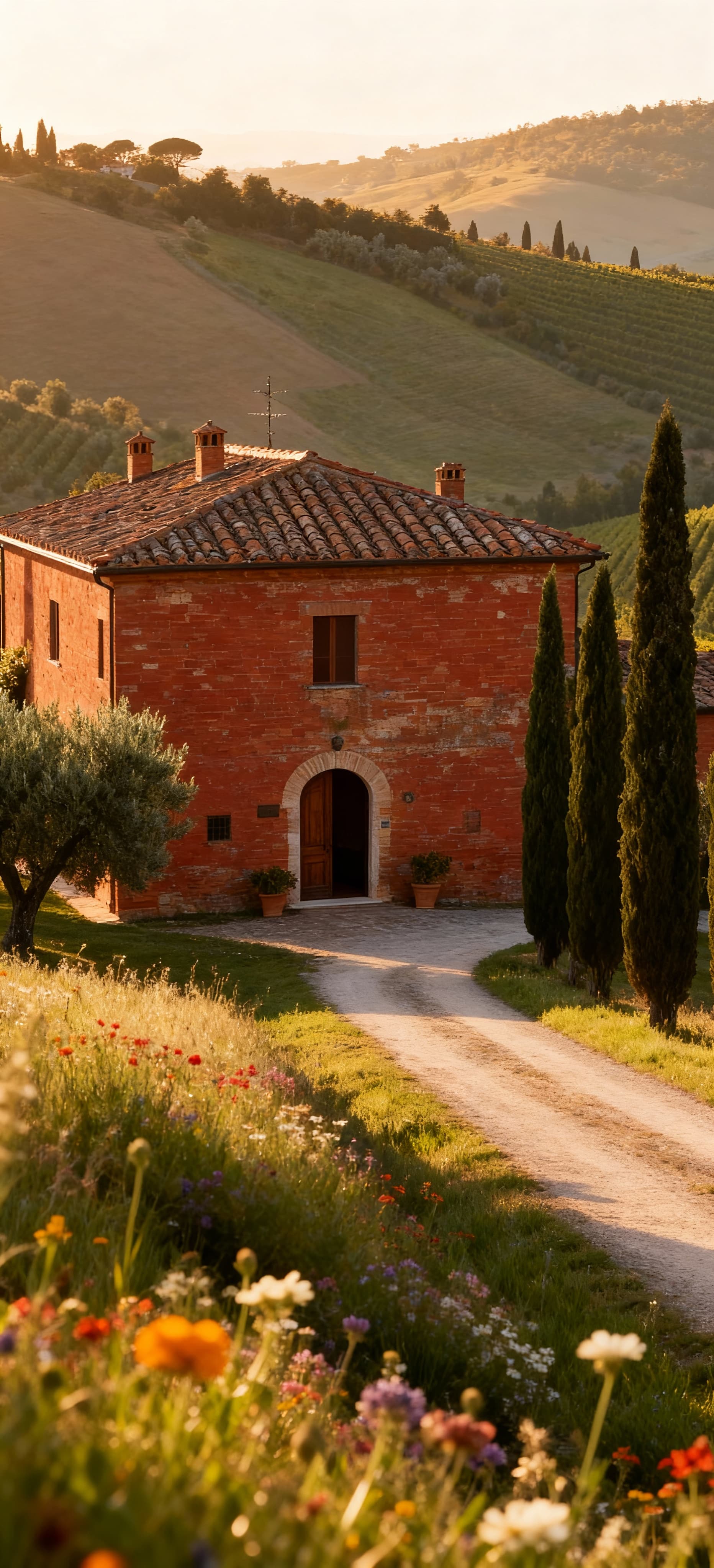 Casale storico toscano con muri in mattoni rossi, circondato da uliveti e vigneti, illuminato dalla luce del mattino.