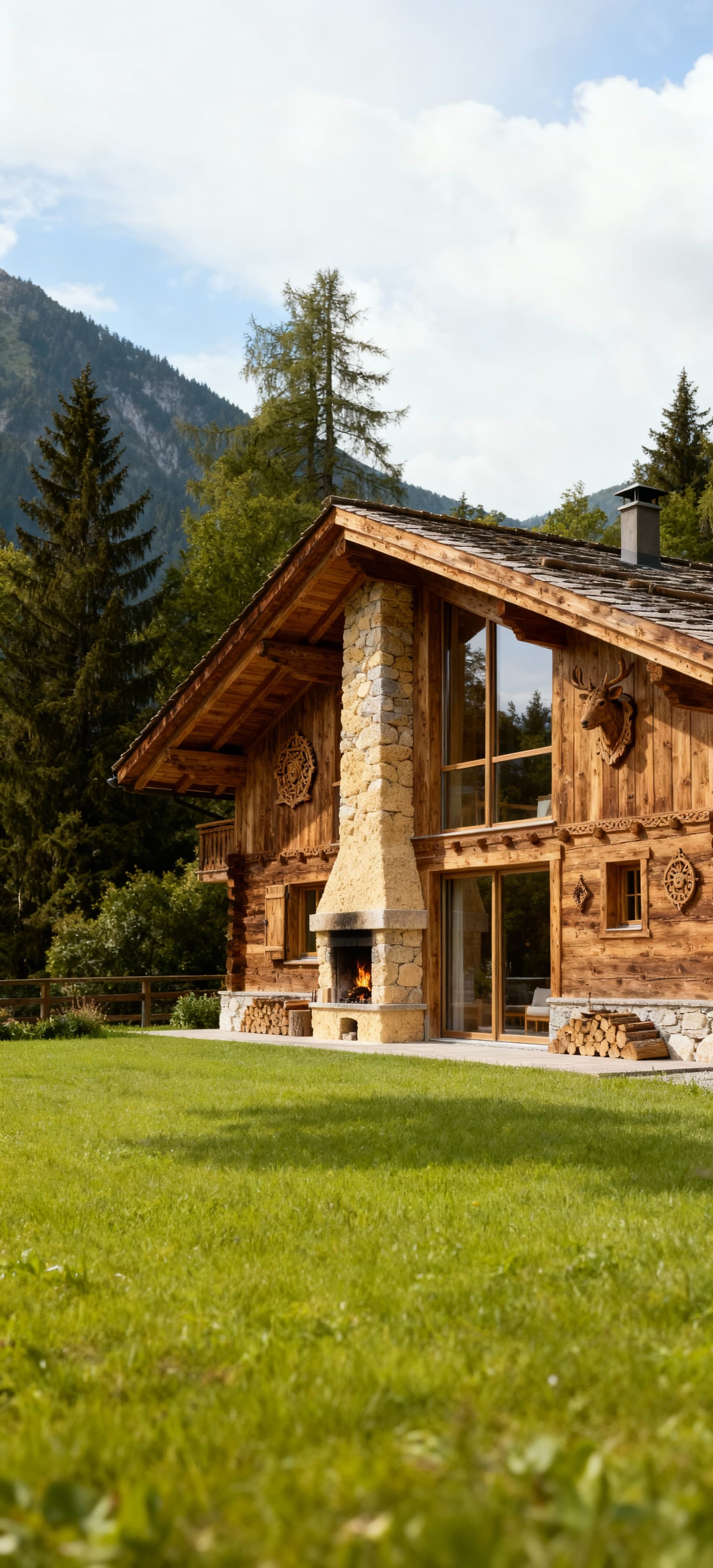 Chalet in legno di lusso nel Trentino-Alto Adige, circondato da natura, con tetto spiovente e ampie finestre.