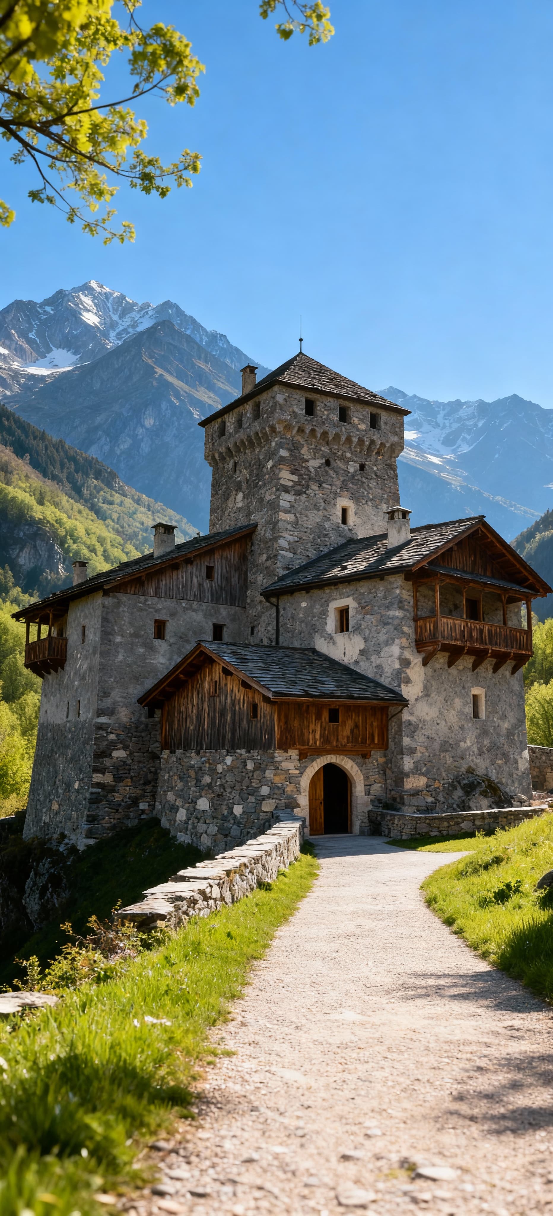 Castello di lusso ad Aosta circondato da una cornice montuosa, con un sentiero alberato e sfumature verdi in primavera.