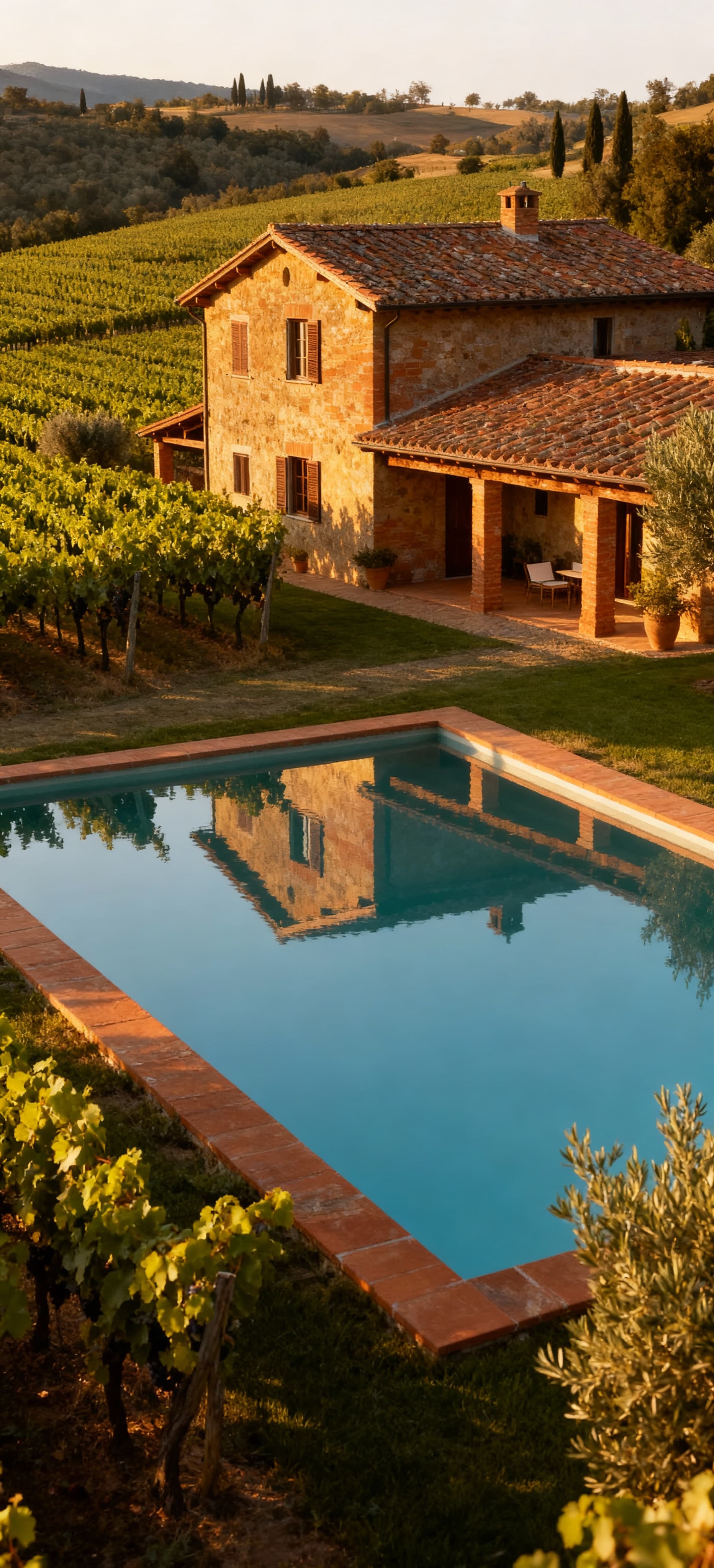 Villa di lusso ad Arezzo, immersa nella natura toscana, con dettagli architettonici in cotto, vigneti, uliveti e piscina.