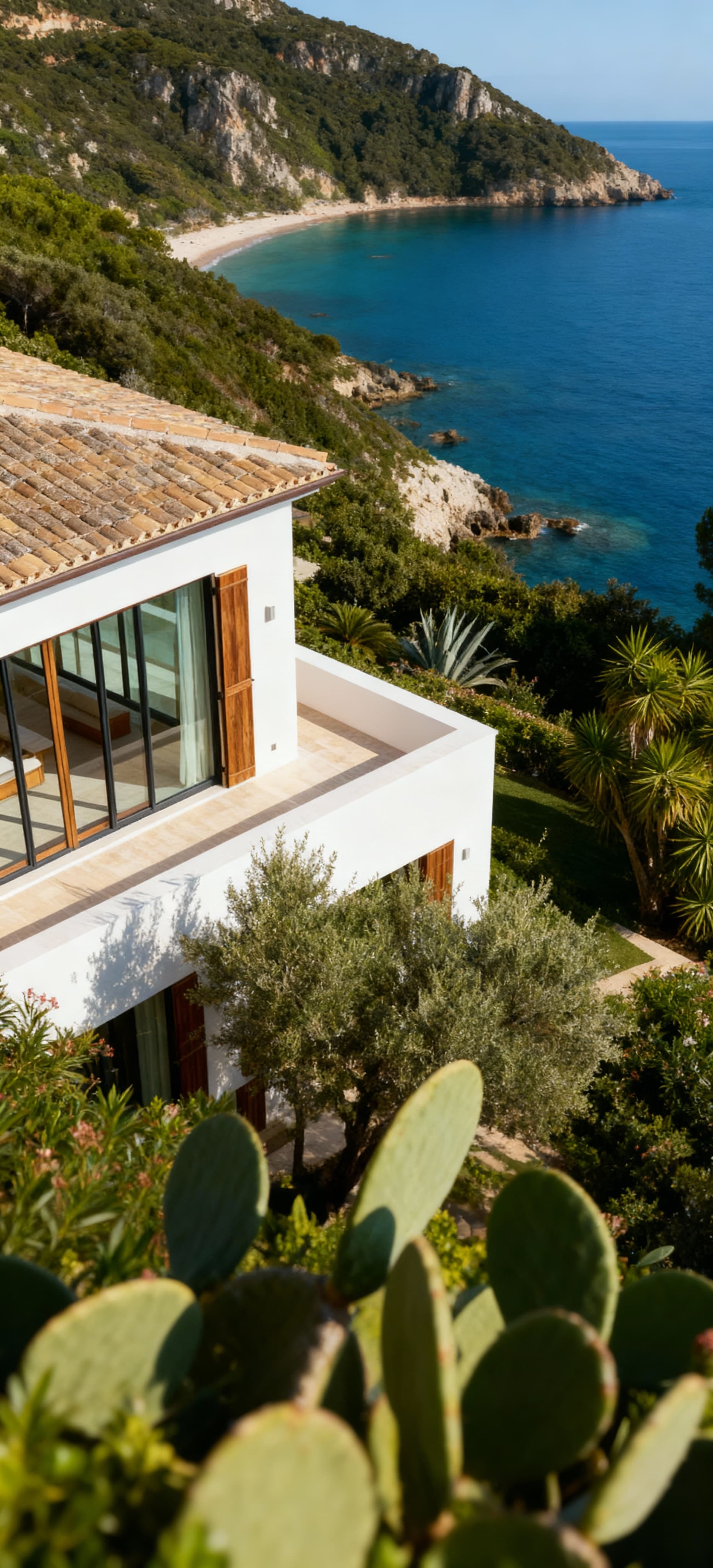 Elegante villa di lusso all'Argentario vista aerea, circondata da vegetazione lussureggiante e affacciata su calette nascoste.
