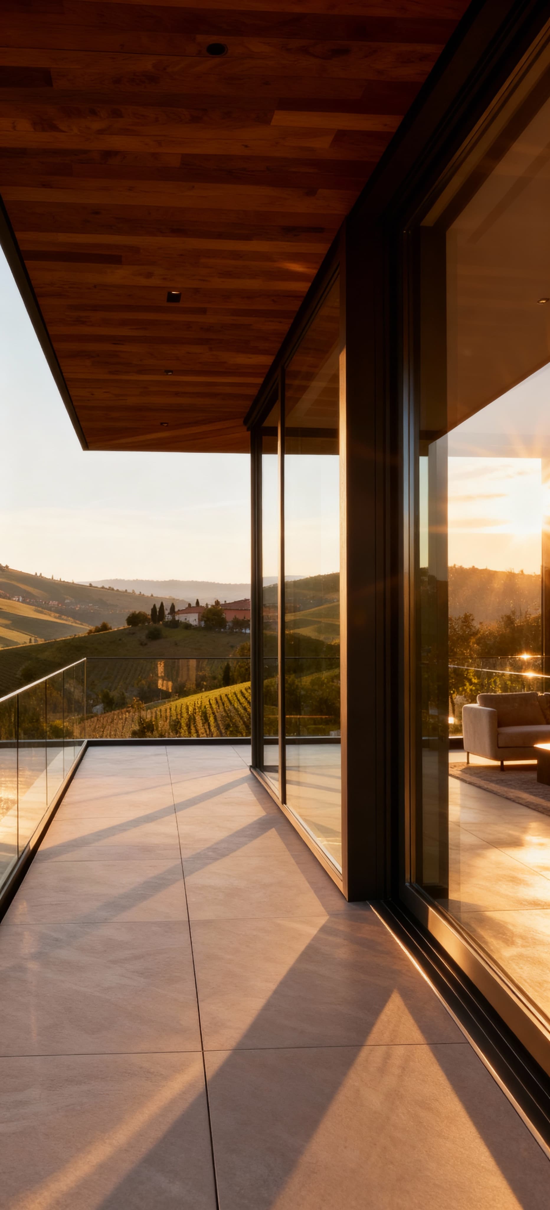 Attico di lusso ad Asti con terrazzo panoramico e vista sulle colline del Monferrato, eleganti rifiniture in vetro e legno.