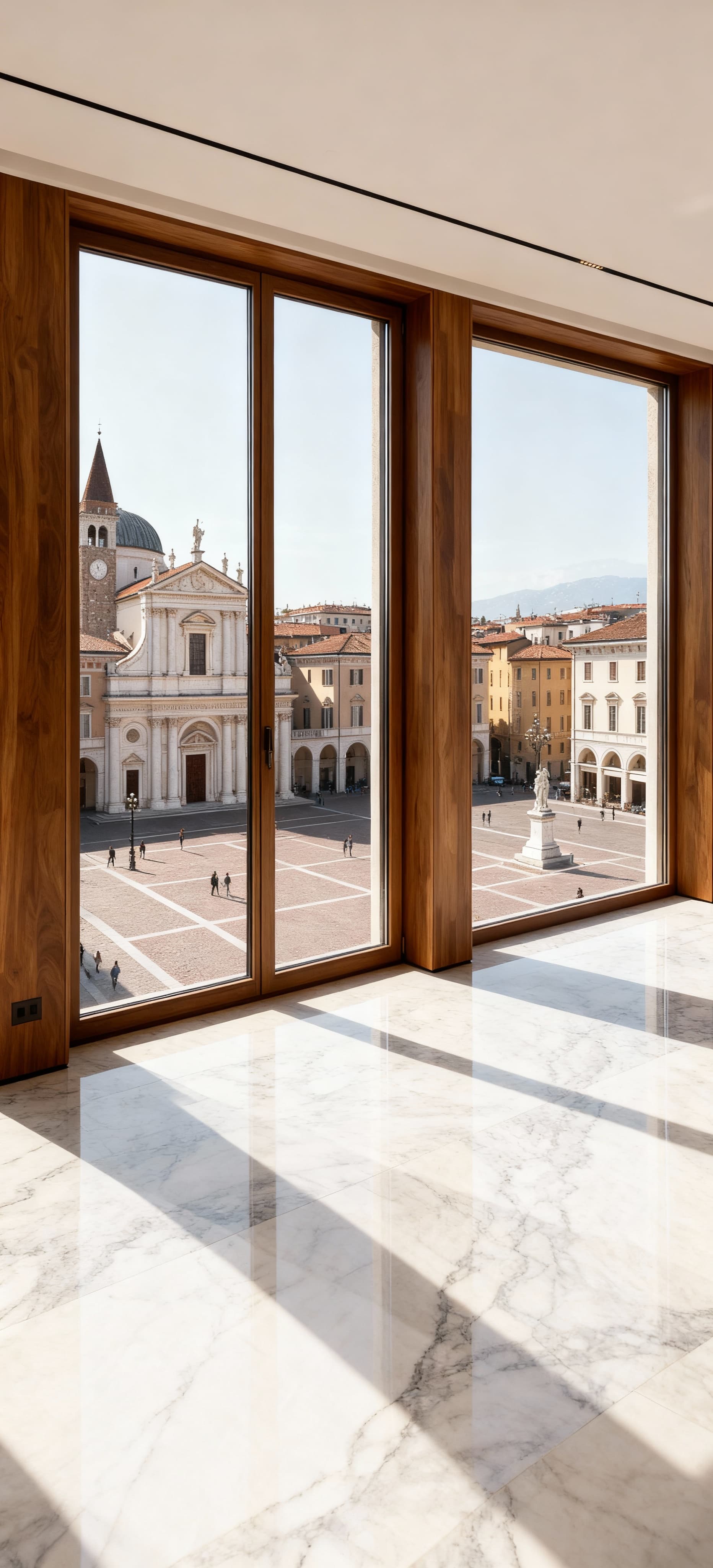 Interno di un attico lussuoso a Brescia, con vista sulla piazza, luce naturale che esalta legno e marmo, design moderno e classico.