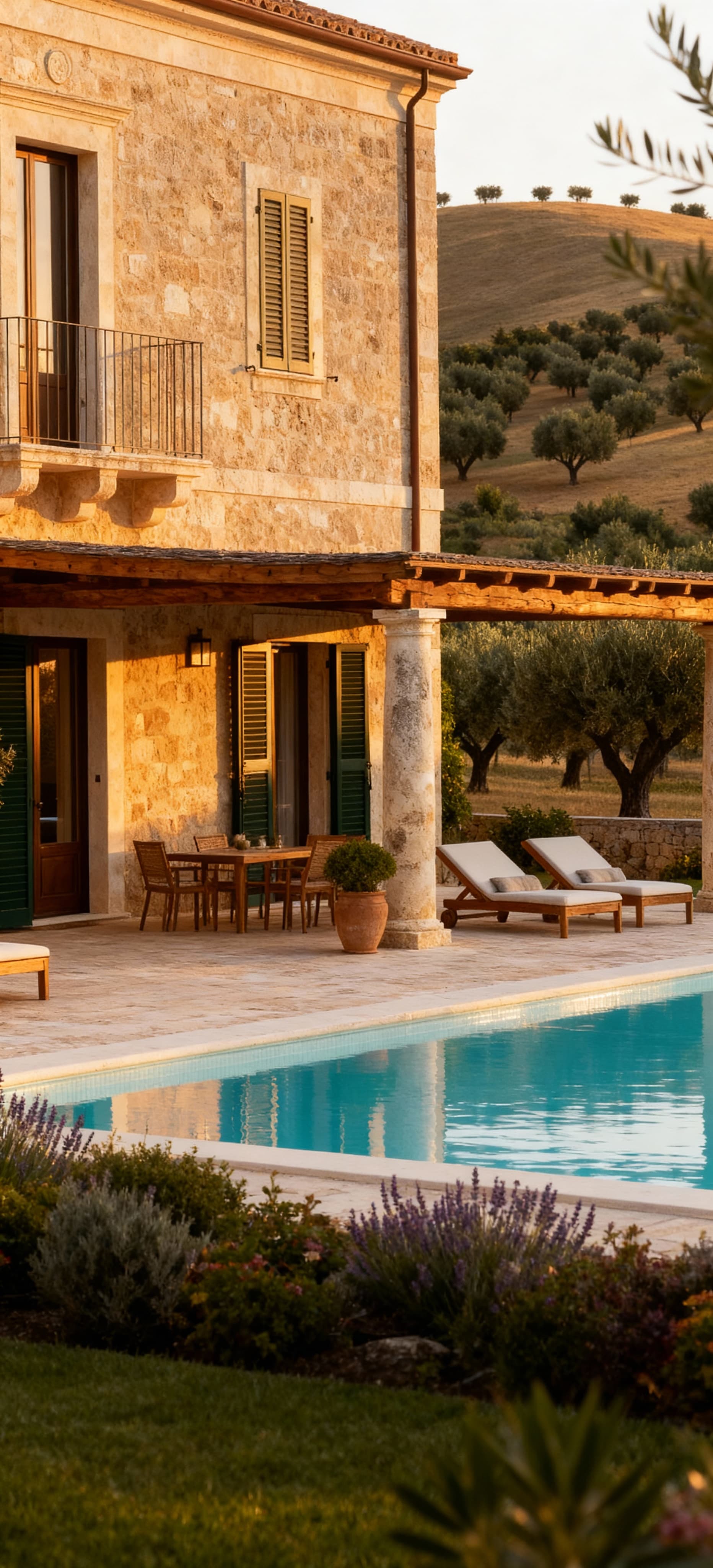 Villa storica a Brindisi immersa in uliveti, con piscina e giardini, luce del tardo pomeriggio esalta pietra e legno.