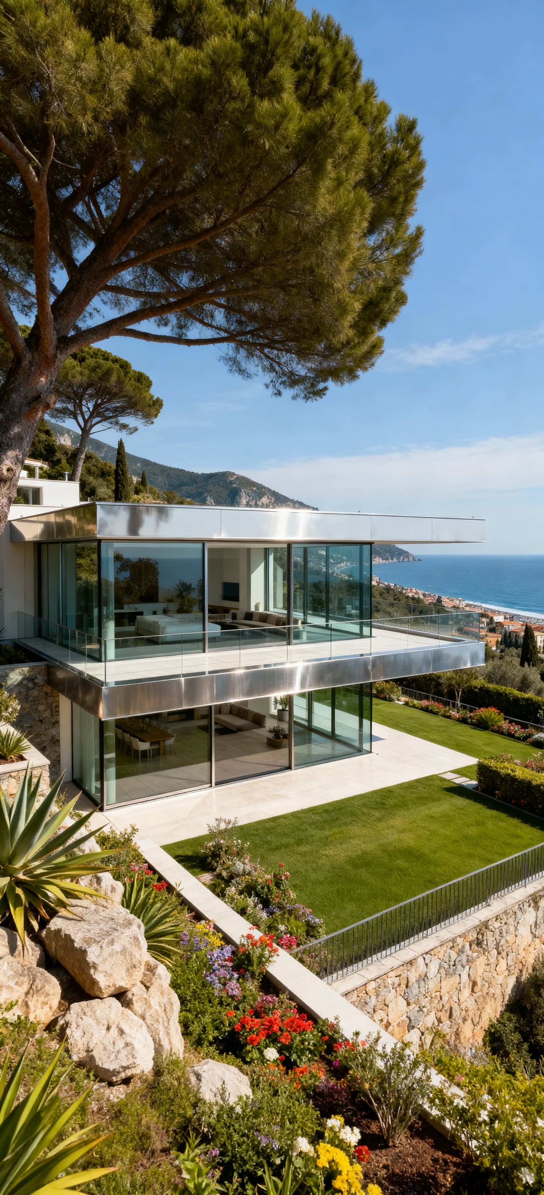 Villa moderna con vista mare a Imperia, in vetro e acciaio, nel panorama della Riviera dei Fiori. Terrazze e giardini curati.