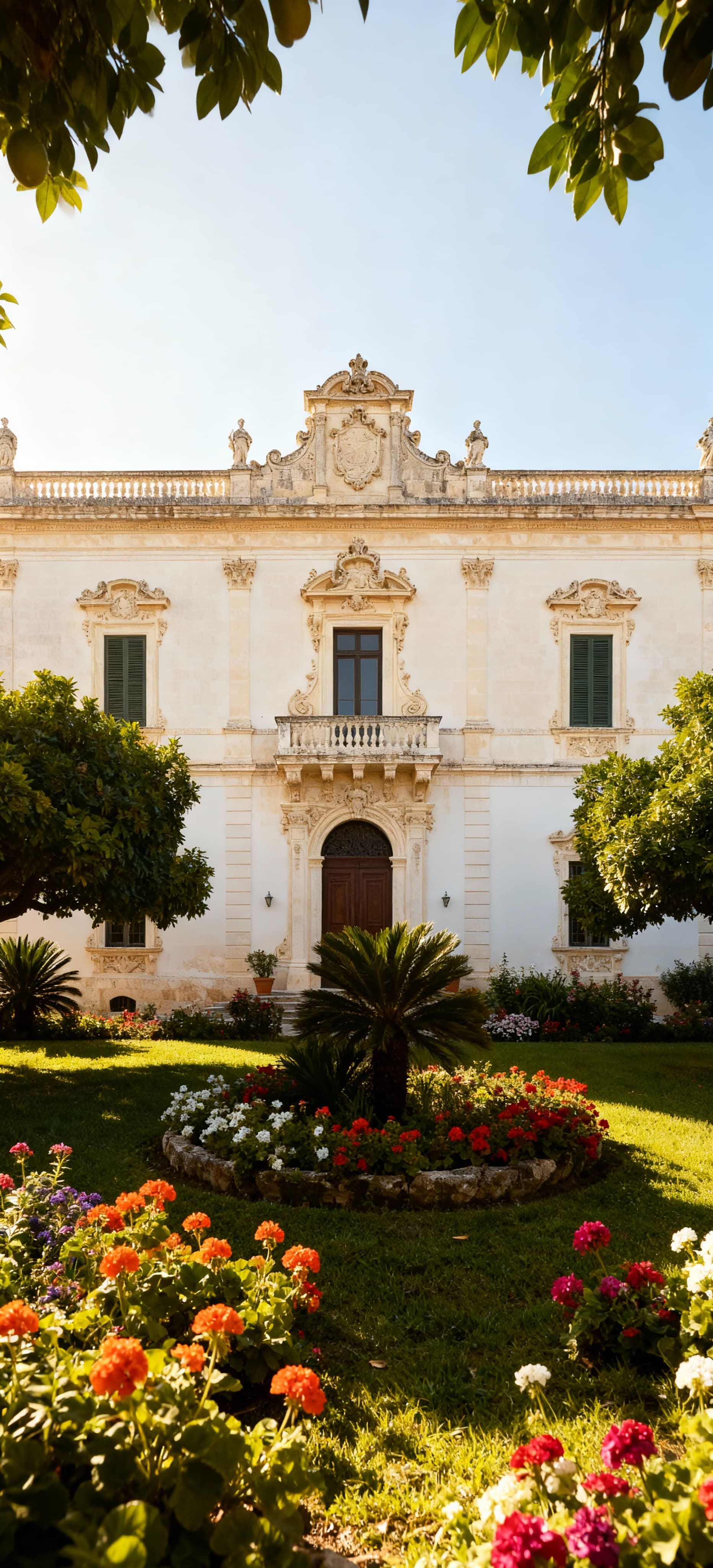 Villa storica a Lecce con giardino lussureggiante e dettagli barocchi, illuminata da una mattina serena e cielo azzurro.