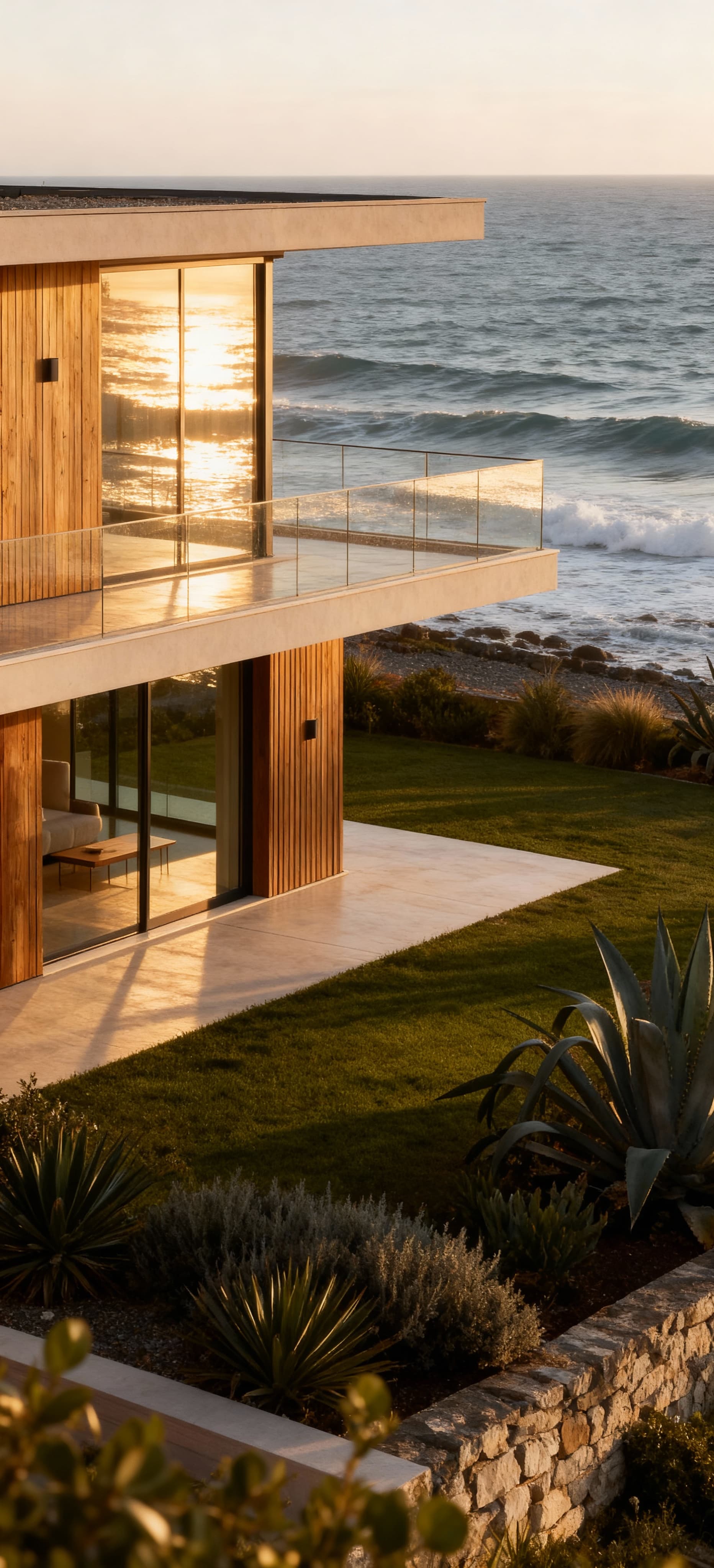 Villa moderna affacciata sul mare a Livorno, circondata da piante mediterranee e illuminata dalla luce del tardo pomeriggio.