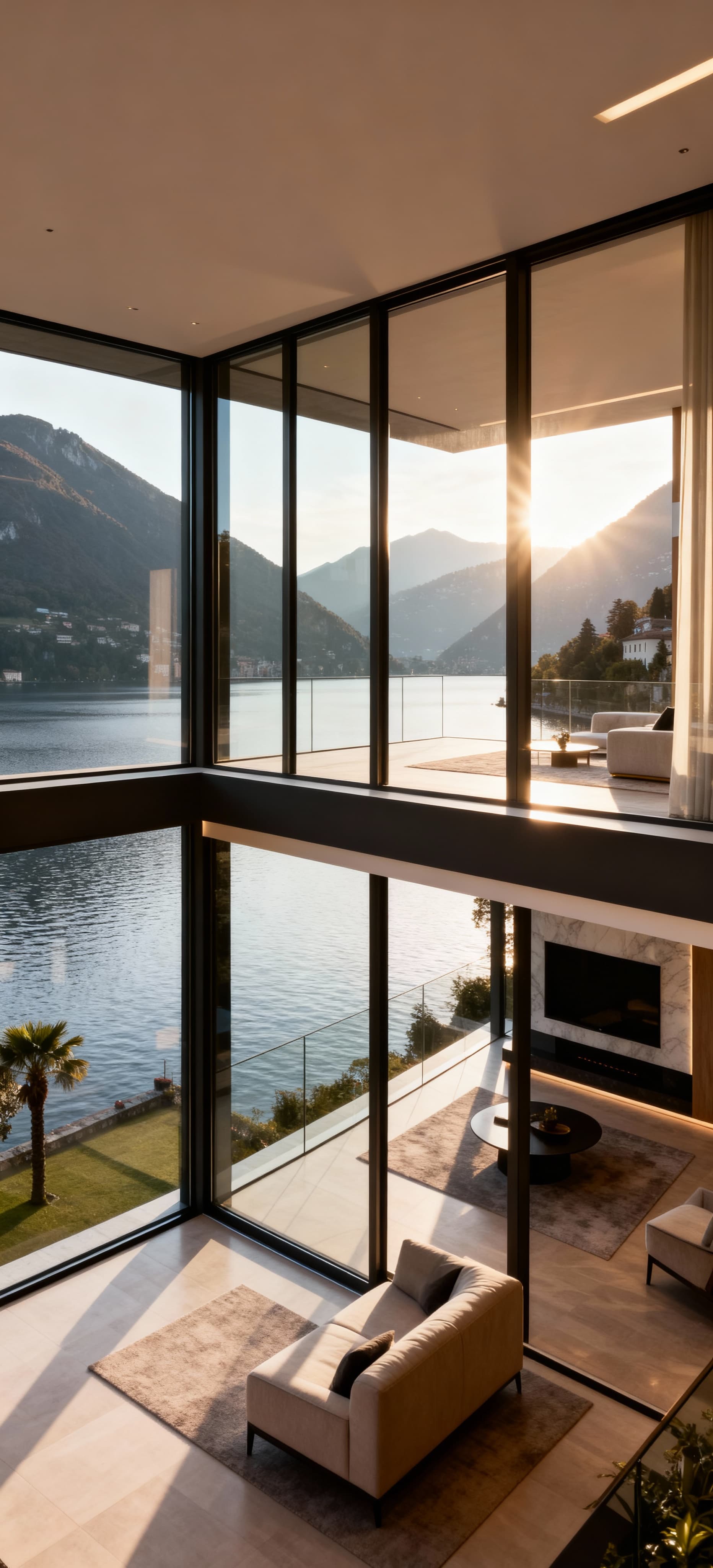 Residenza di lusso a Lugano con vista sul lago, ampie vetrate e luce mattutina che mette in risalto eleganti dettagli moderni.
