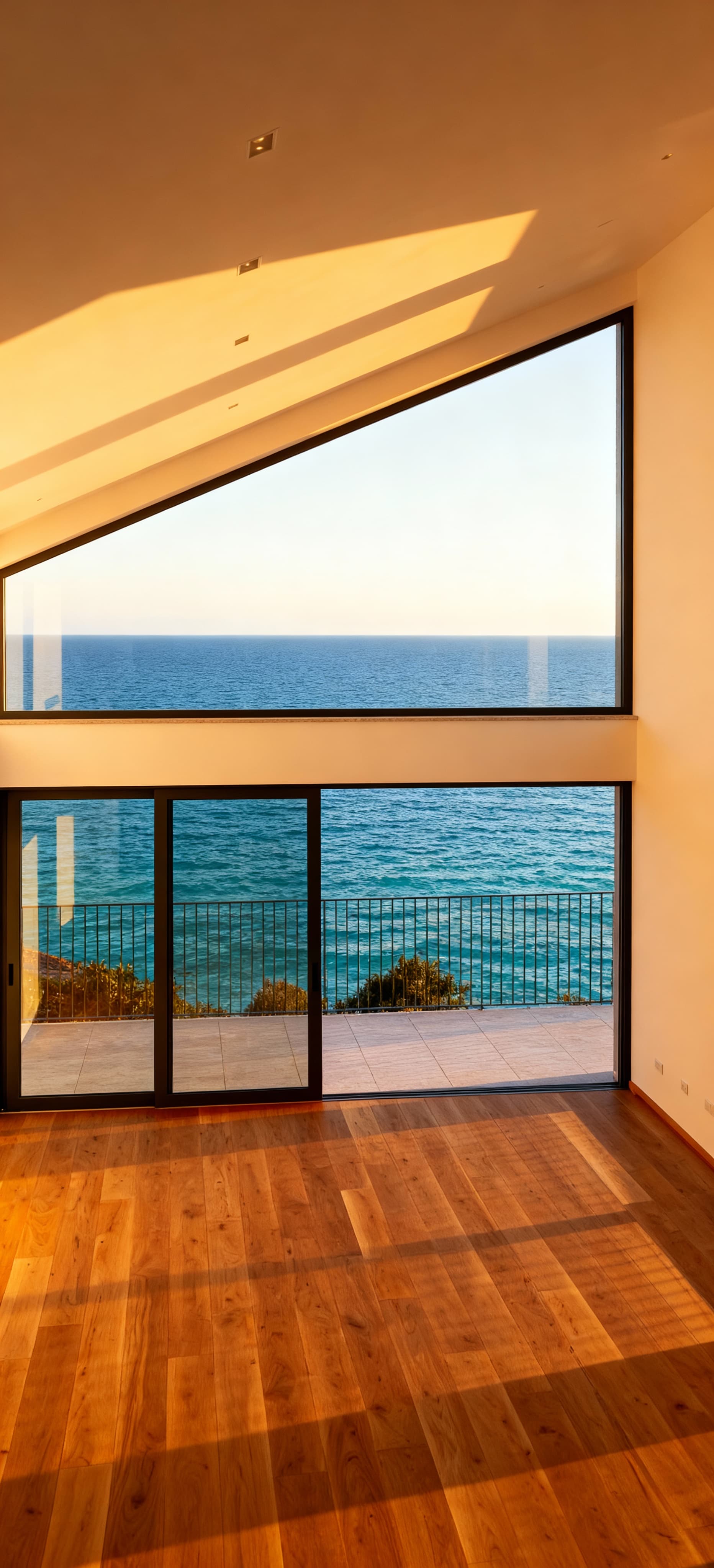 Attico panoramico a Massa-Carrara con vista mare, ampie vetrate, pavimenti in legno e design contemporaneo.