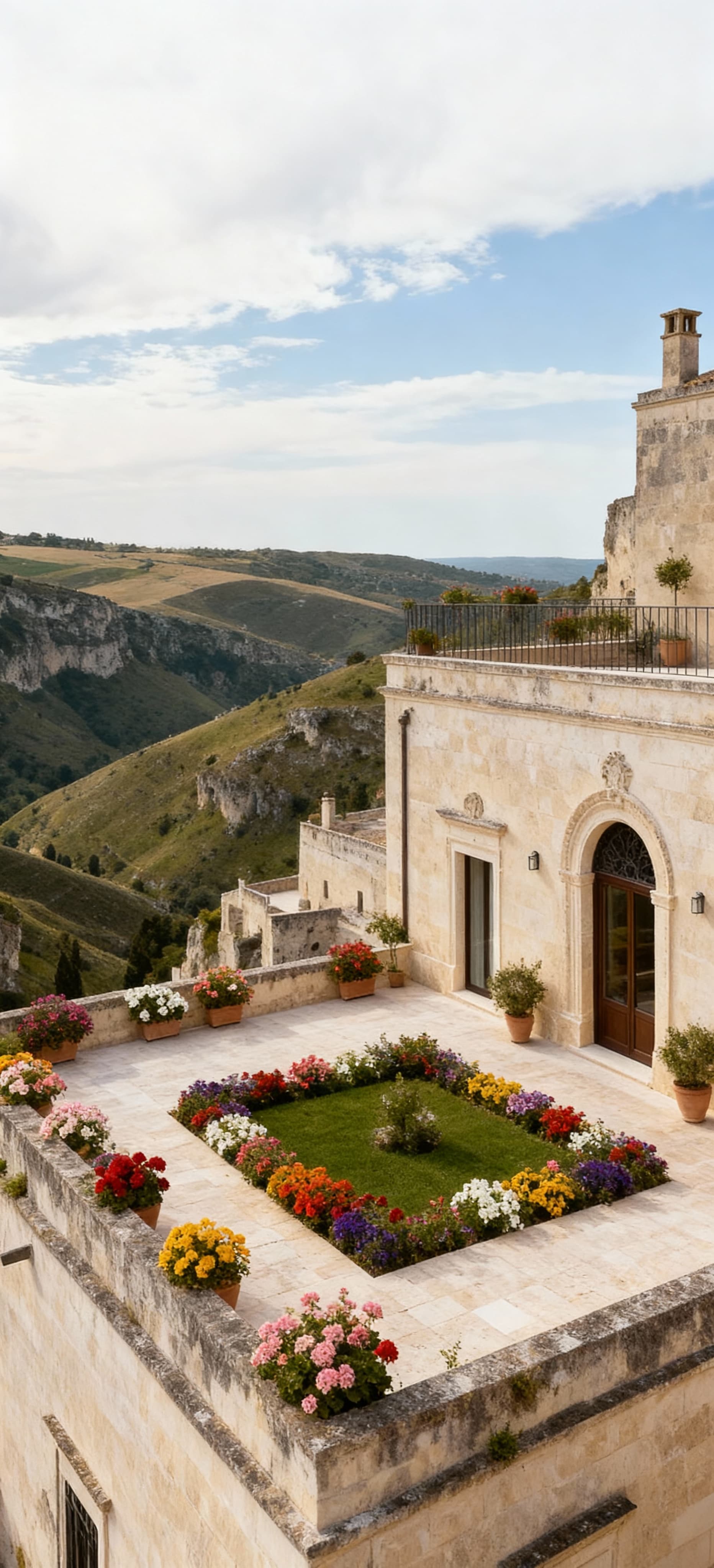 Dimensione quadrata di una dimora storica a Matera, con terrazzi panoramici, giardino fiorito e cielo leggermente nuvoloso.