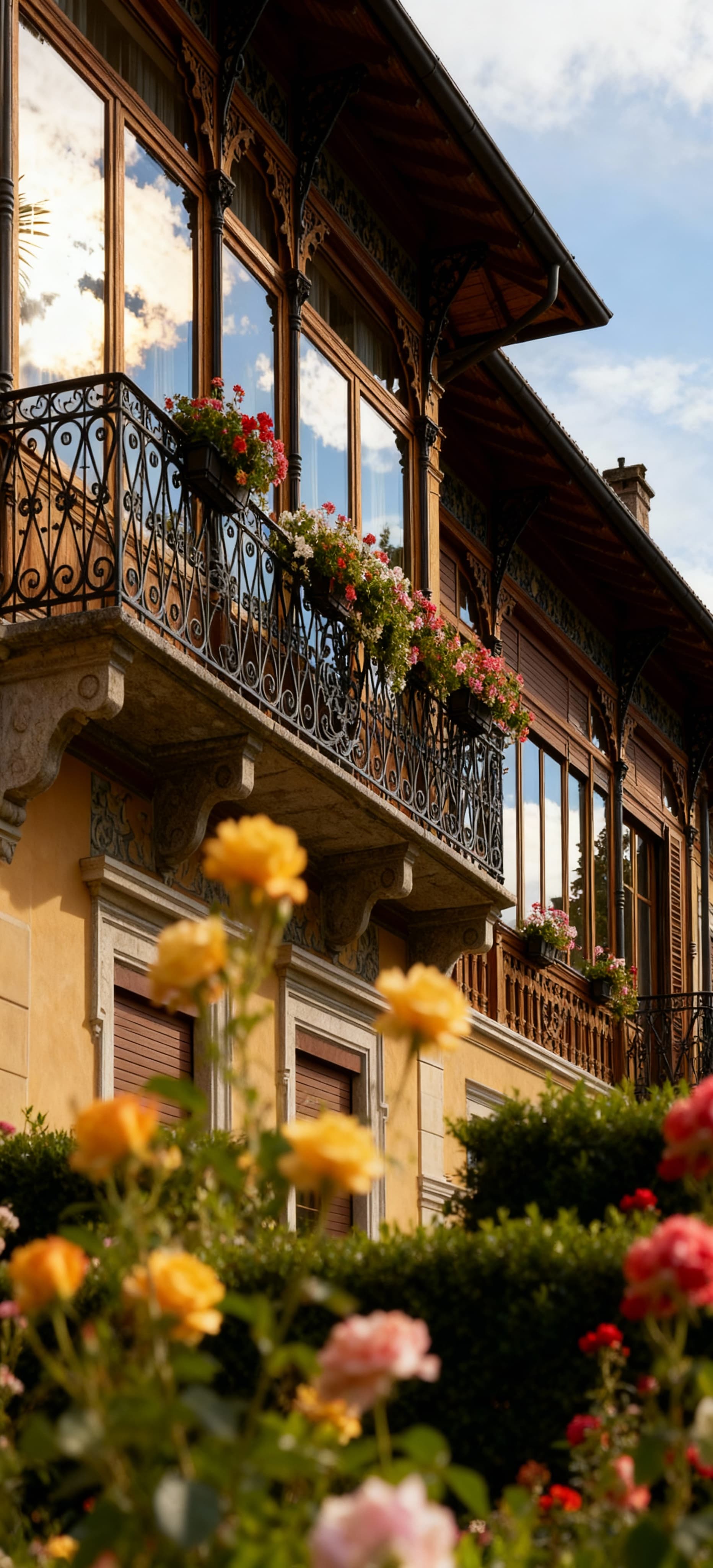 Elegante villa liberty a Novara, circondata da un giardino fiorito e dettagli architettonici in legno e ferro battuto.