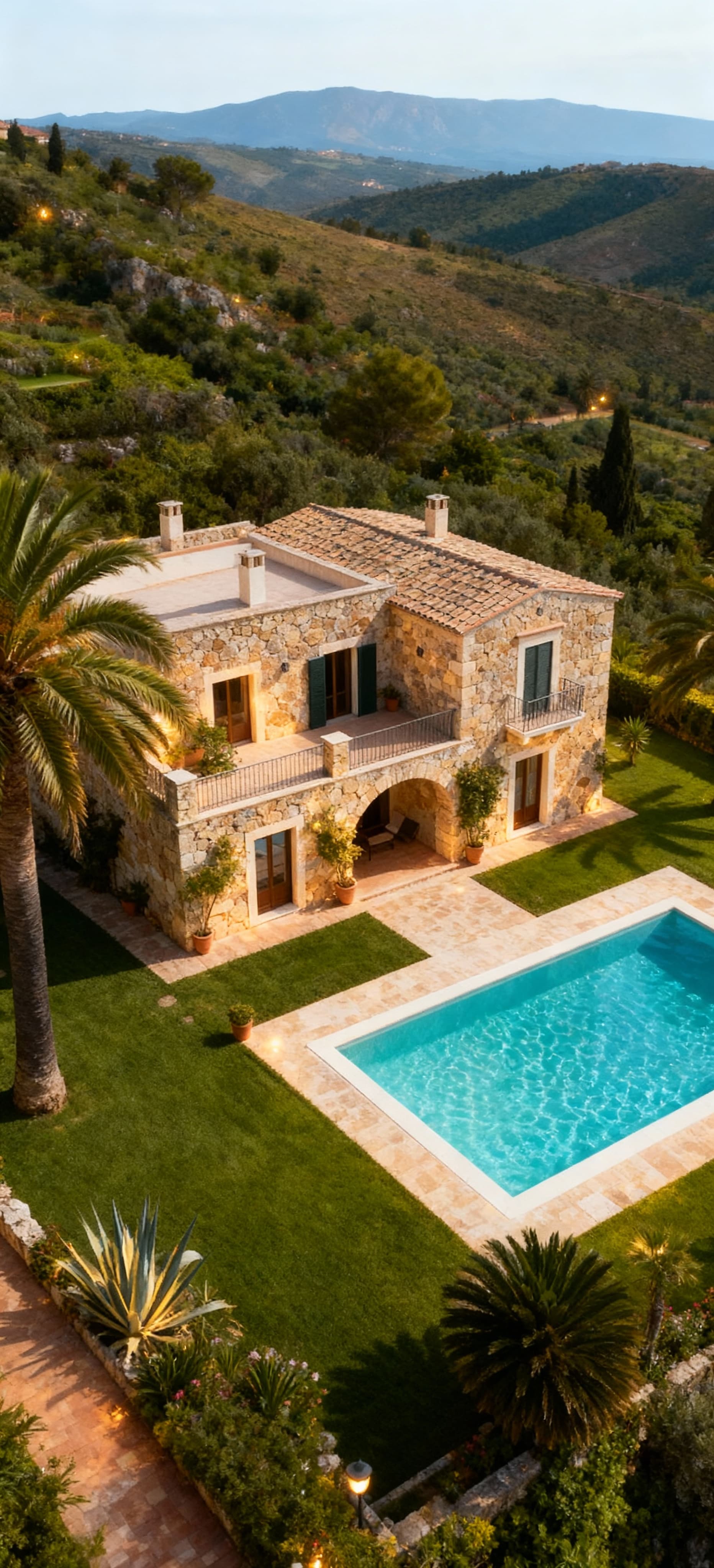 Villa di lusso a Palermo, vista aerea su giardino curato e piscina, immersa nel verde delle colline con palme ondeggianti.