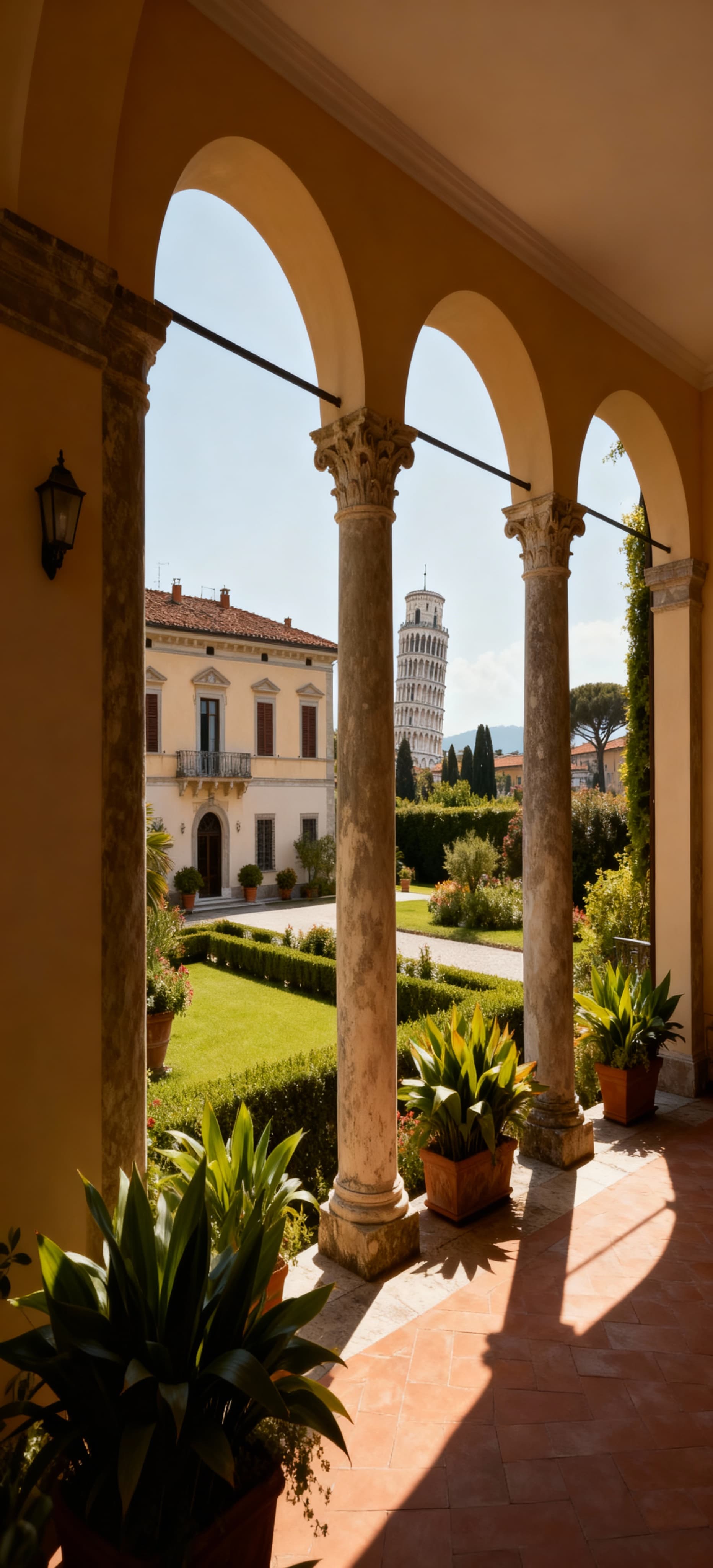 Panorama di una villa di lusso a Pisa con la Torre pendente sullo sfondo e giardini rigogliosi in primo piano.