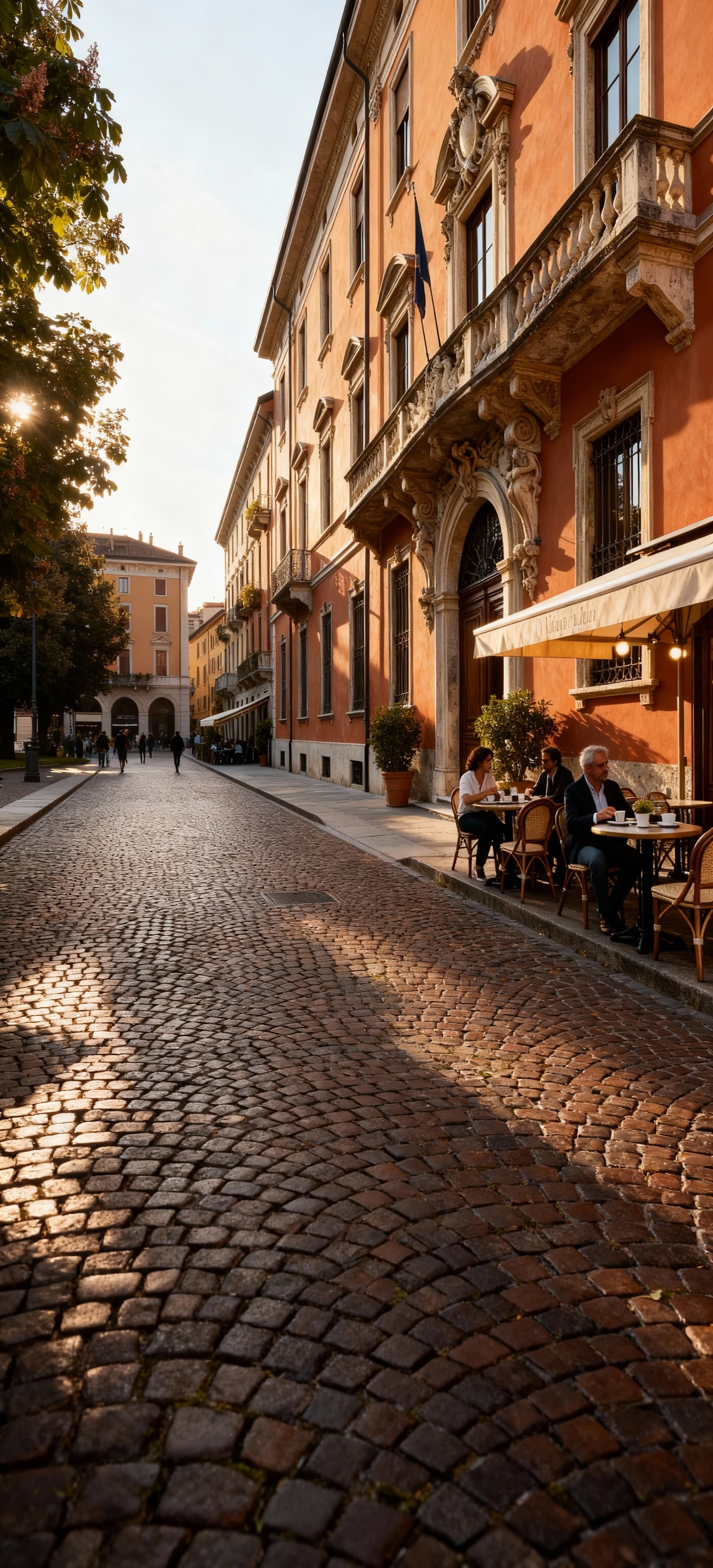 Elegante palazzo a Piacenza illuminato dalla luce del mattino, con dettagli architettonici e atmosfere vivaci.