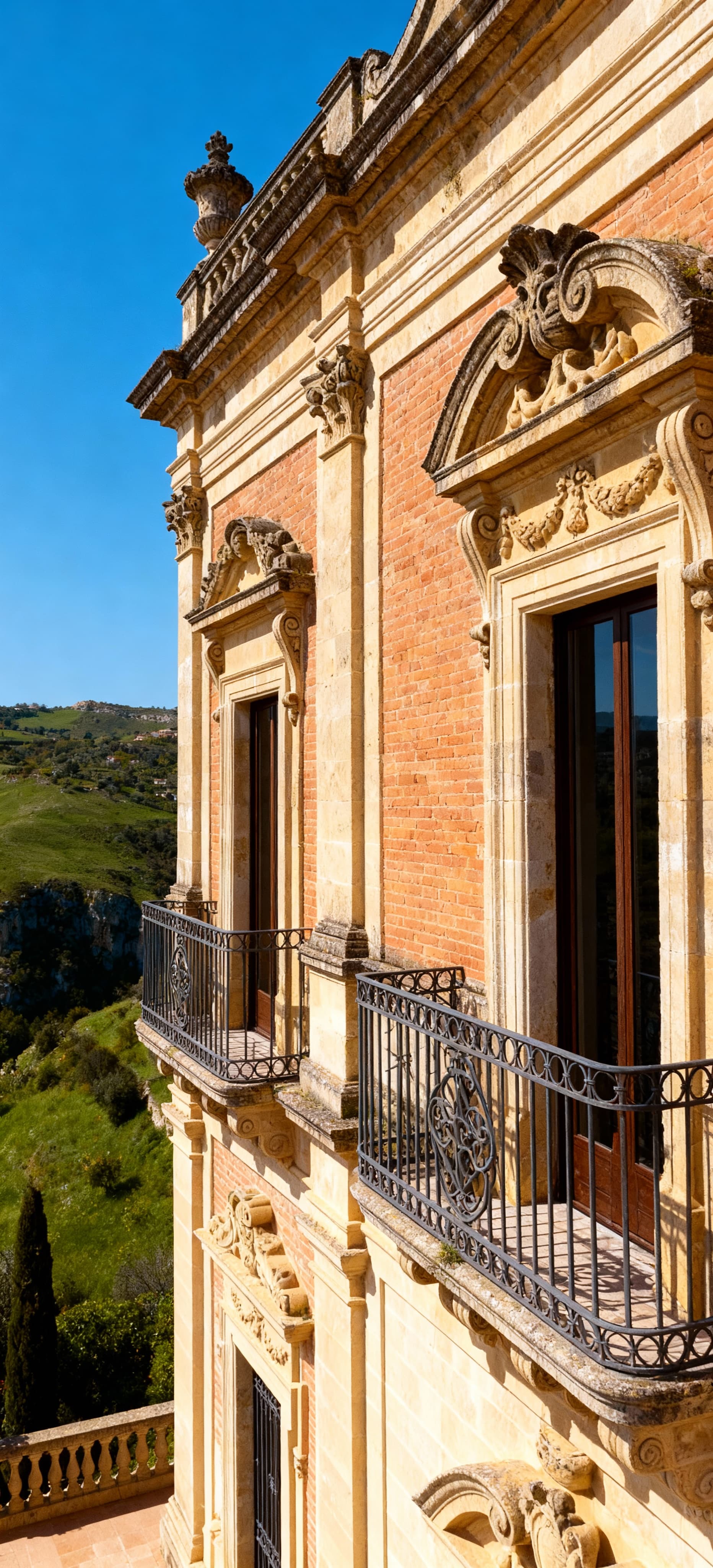 Dimora storica a Ragusa, con facciata barocca in mattoni, circondata da colline verdi e cielo azzurro.