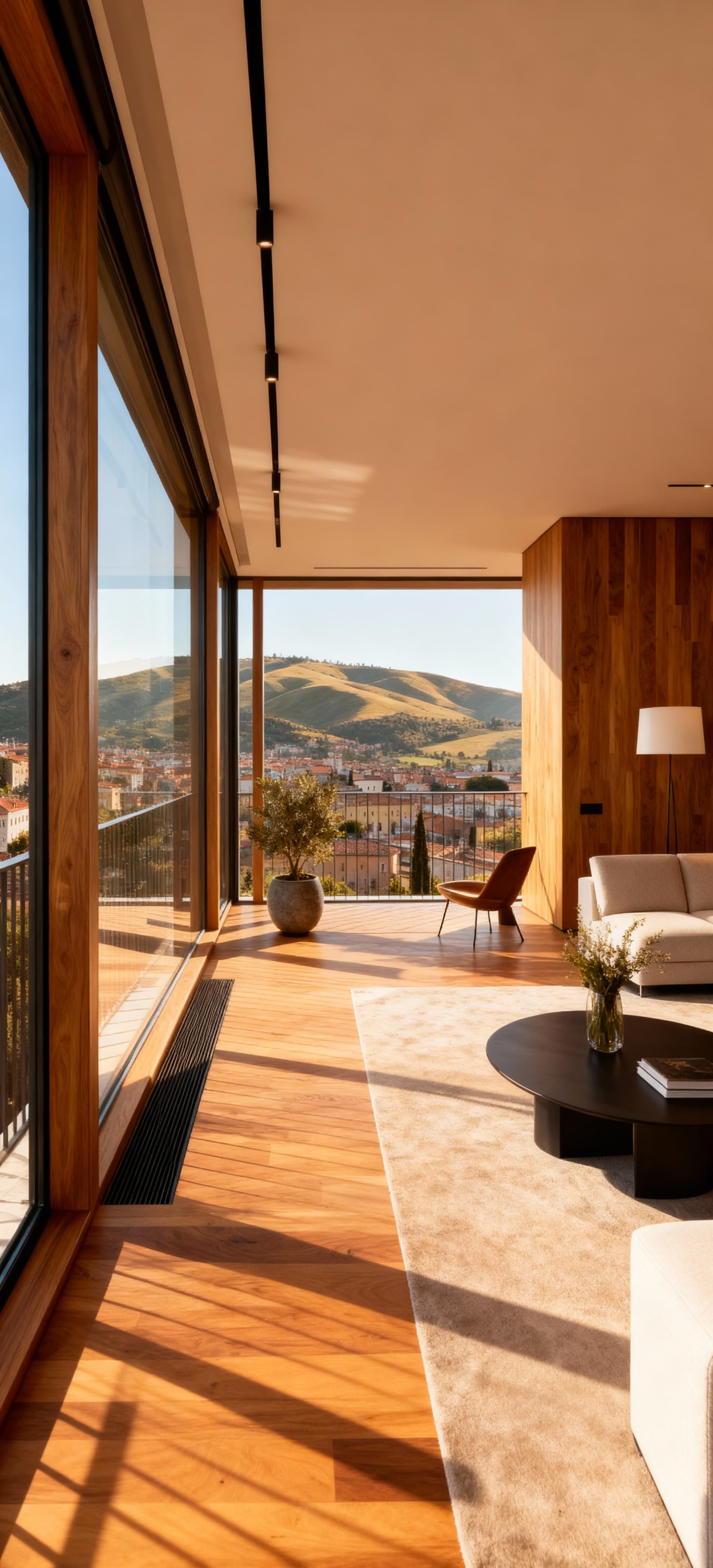 Attico di lusso a Terni con vista sulle colline umbre e interni moderni in legno e vetro, illuminati dalla luce del mattino.