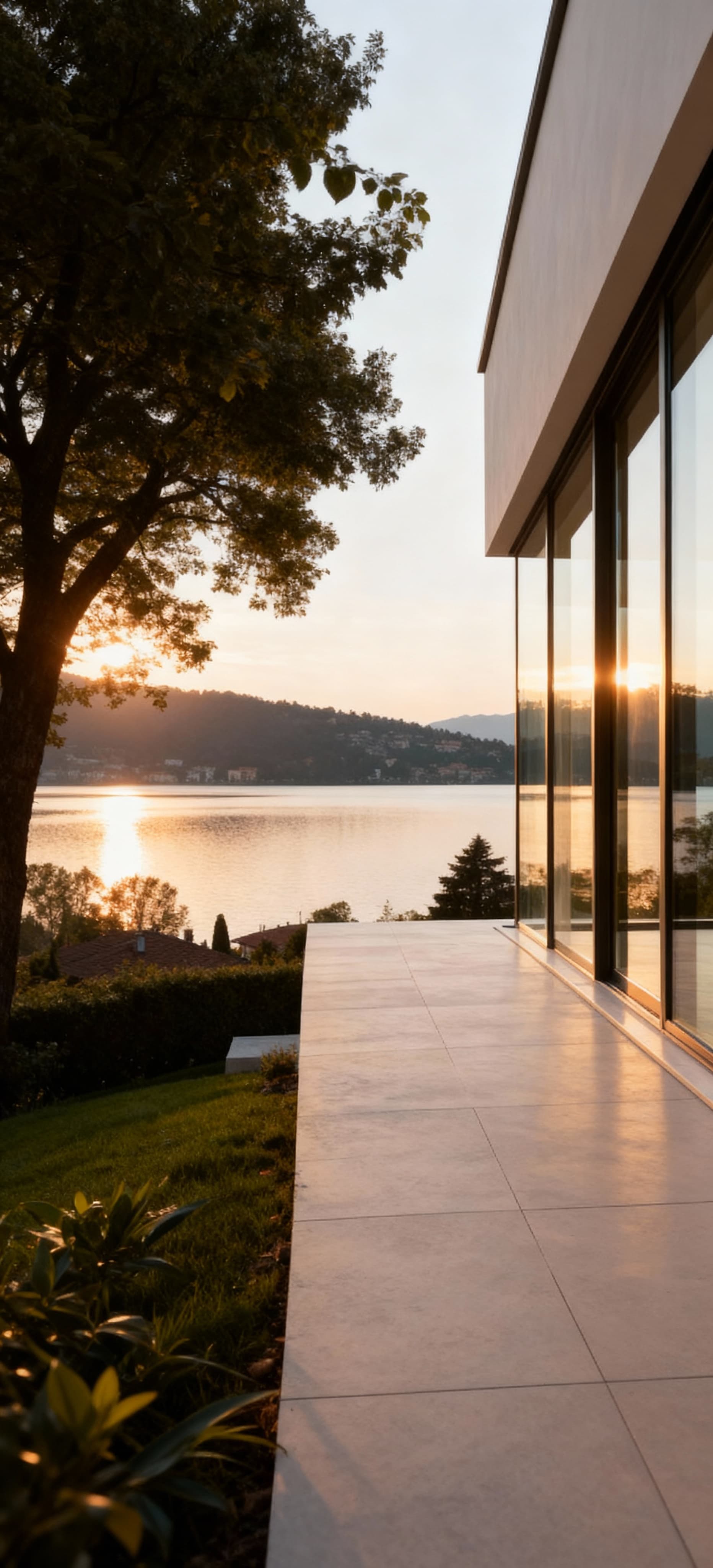 Attico di lusso a Varese con vista lago, ampie vetrate e atmosfera calda al tramonto, realizzato in vetro e intonaco chiaro.