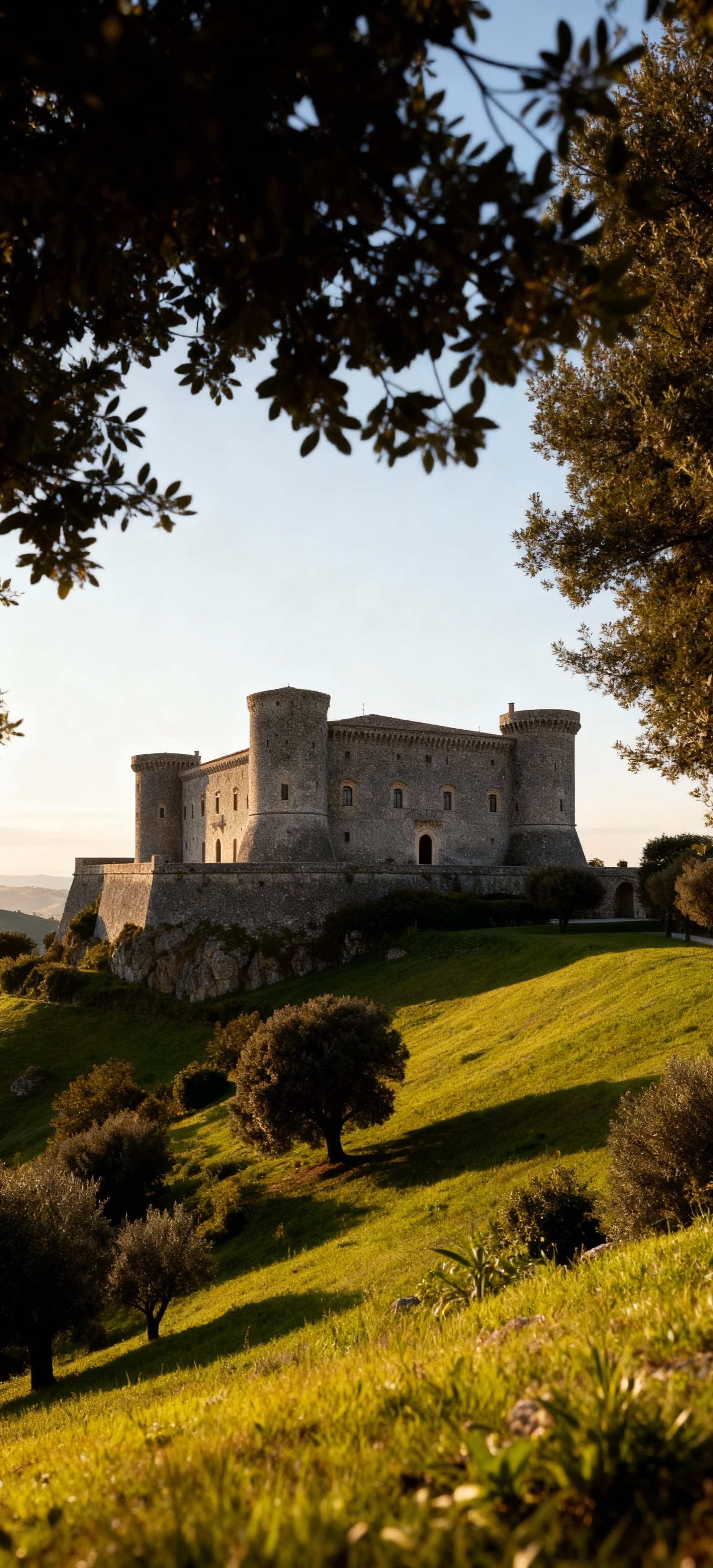 Immobili di lusso a Viterbo, castello storico tra colline verdi e cielo sereno, atmosfera di pacata bellezza.