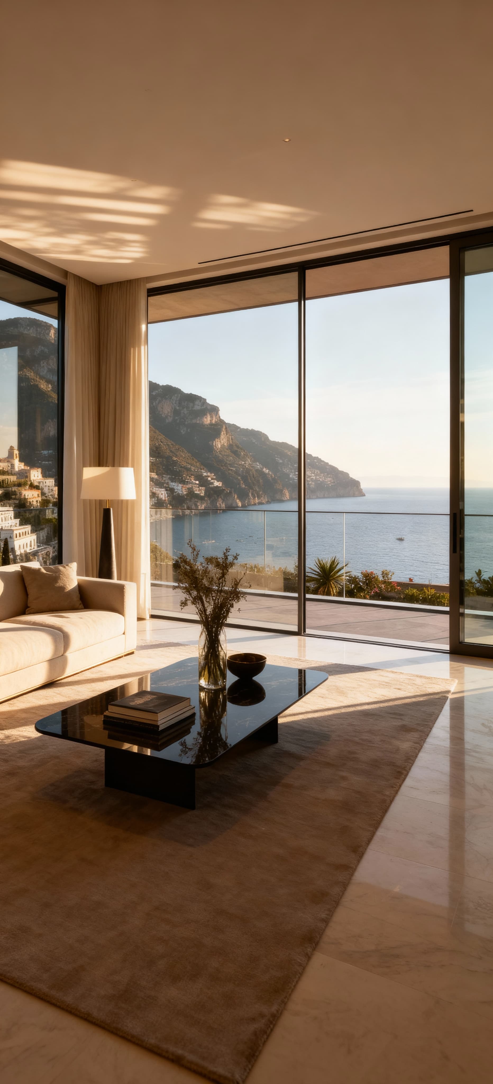 Elegante attico con vista sulla Costiera Amalfitana, interni moderni e pareti in vetro che si integrano con l'esterno.