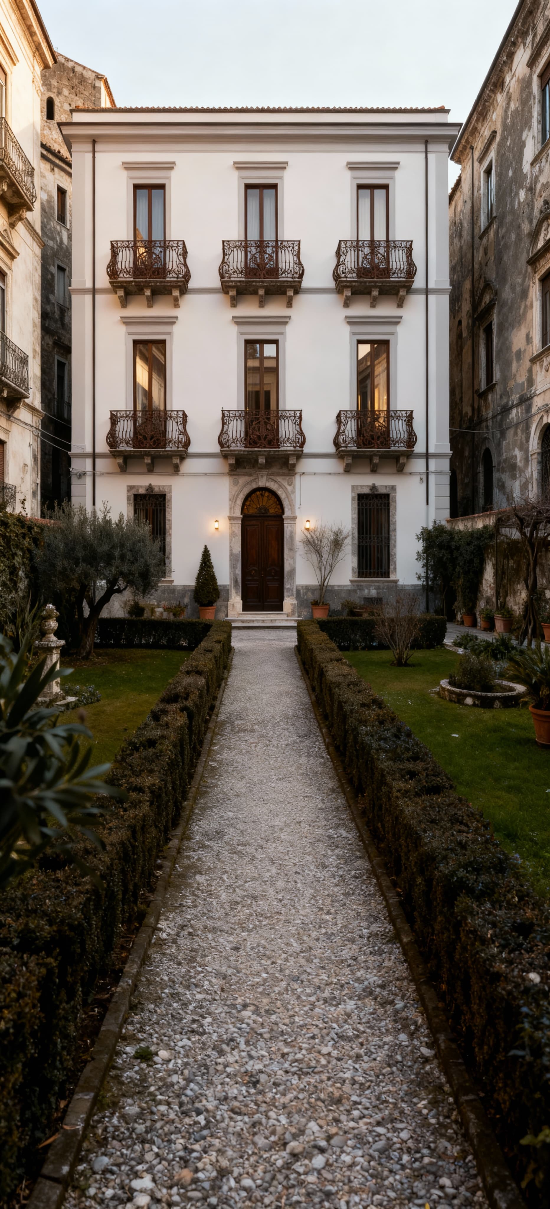 Immobili di lusso a Catanzaro, con facciate chiare e balconi in ferro battuto, circondati da giardini curati e storia.