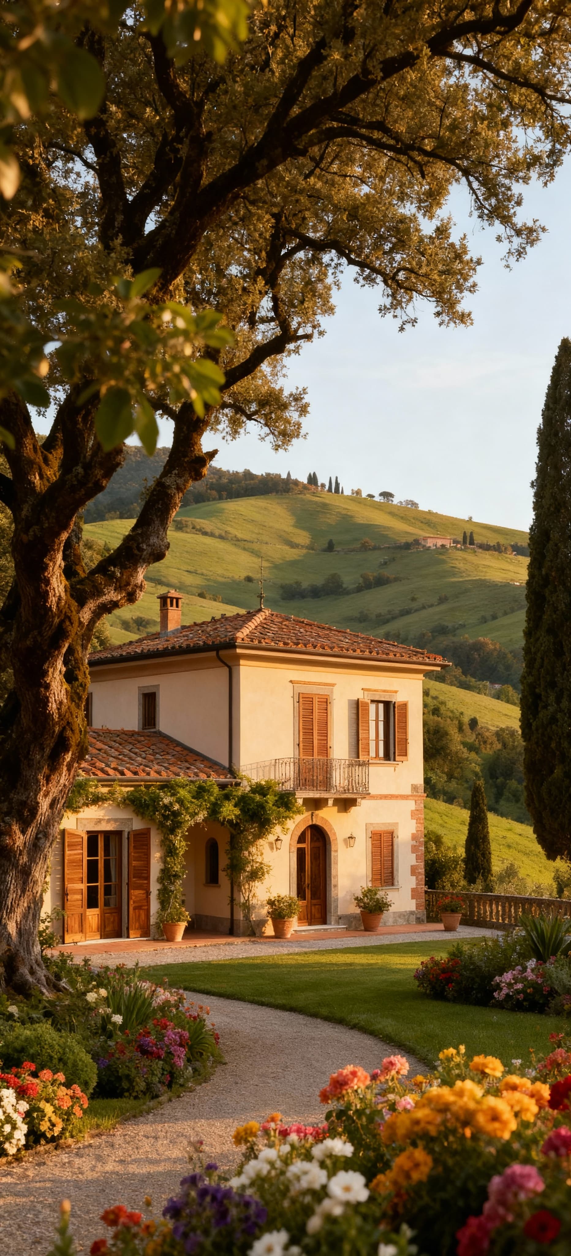 Elegante villa di lusso a Lucca, circondata da verdi colline, con giardino fiorito e dettagli in cotto e legno.
