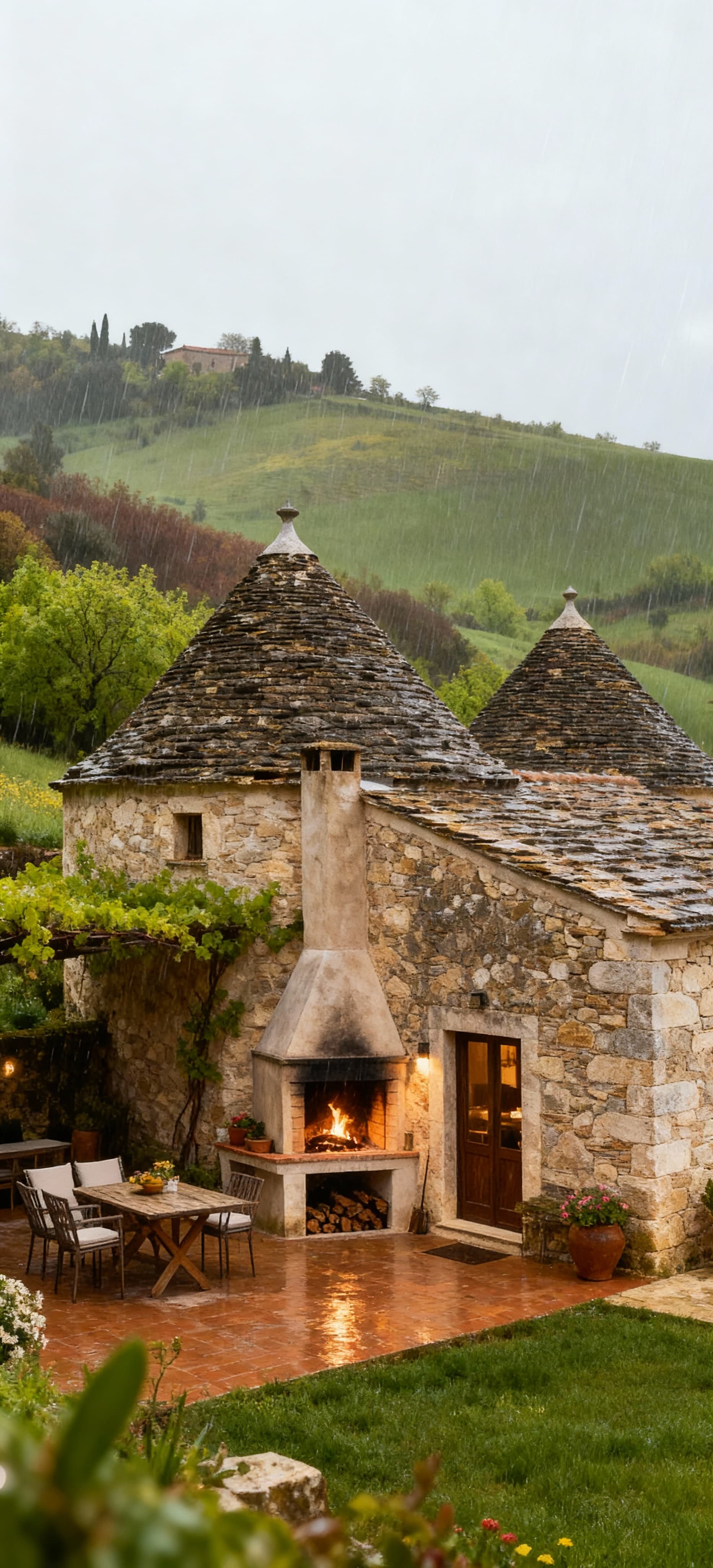 Casale rustico in Basilicata immerso nel paesaggio collinare, con pareti in pietra e tetto in coppi sotto una leggera pioggia primaverile.