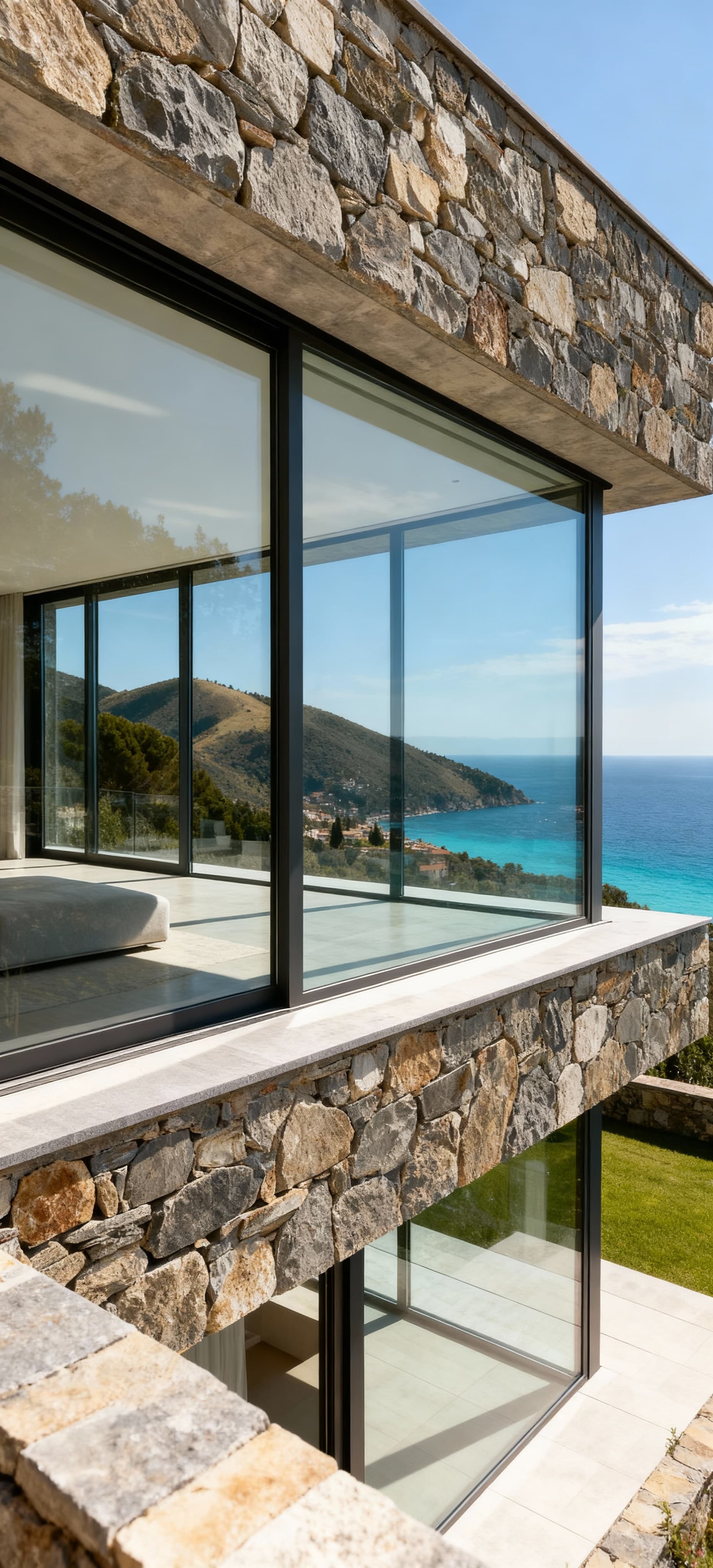 Villa moderna di lusso a Savona con ampie vetrate, vista sul mare e colline, design minimalista in vetro e pietra.