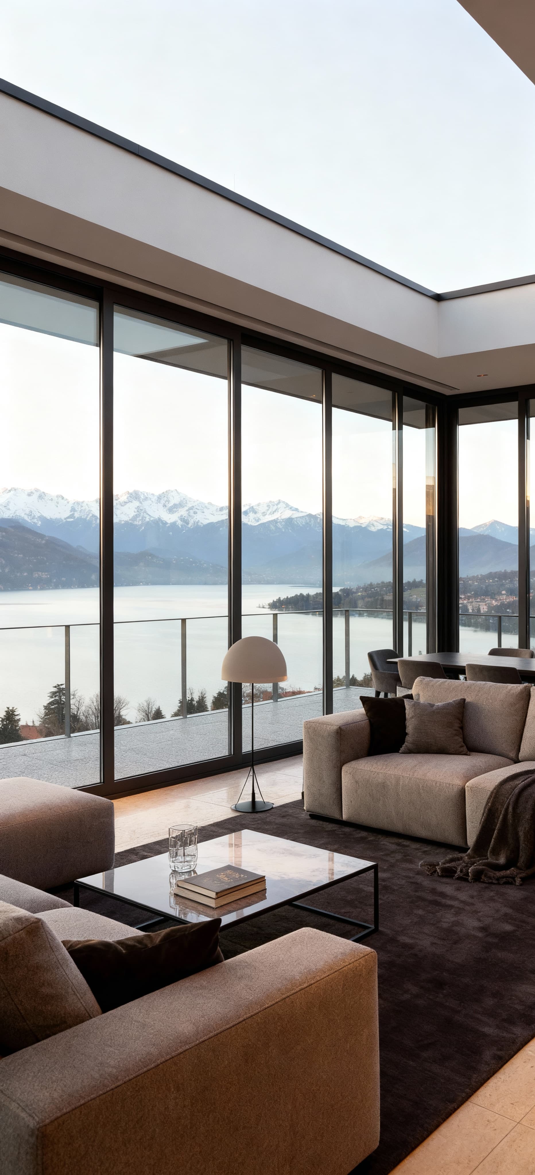 Attico di lusso a Varese con vista sui laghi e Alpi, interni moderni e luminosi caratterizzati da ampie vetrate.