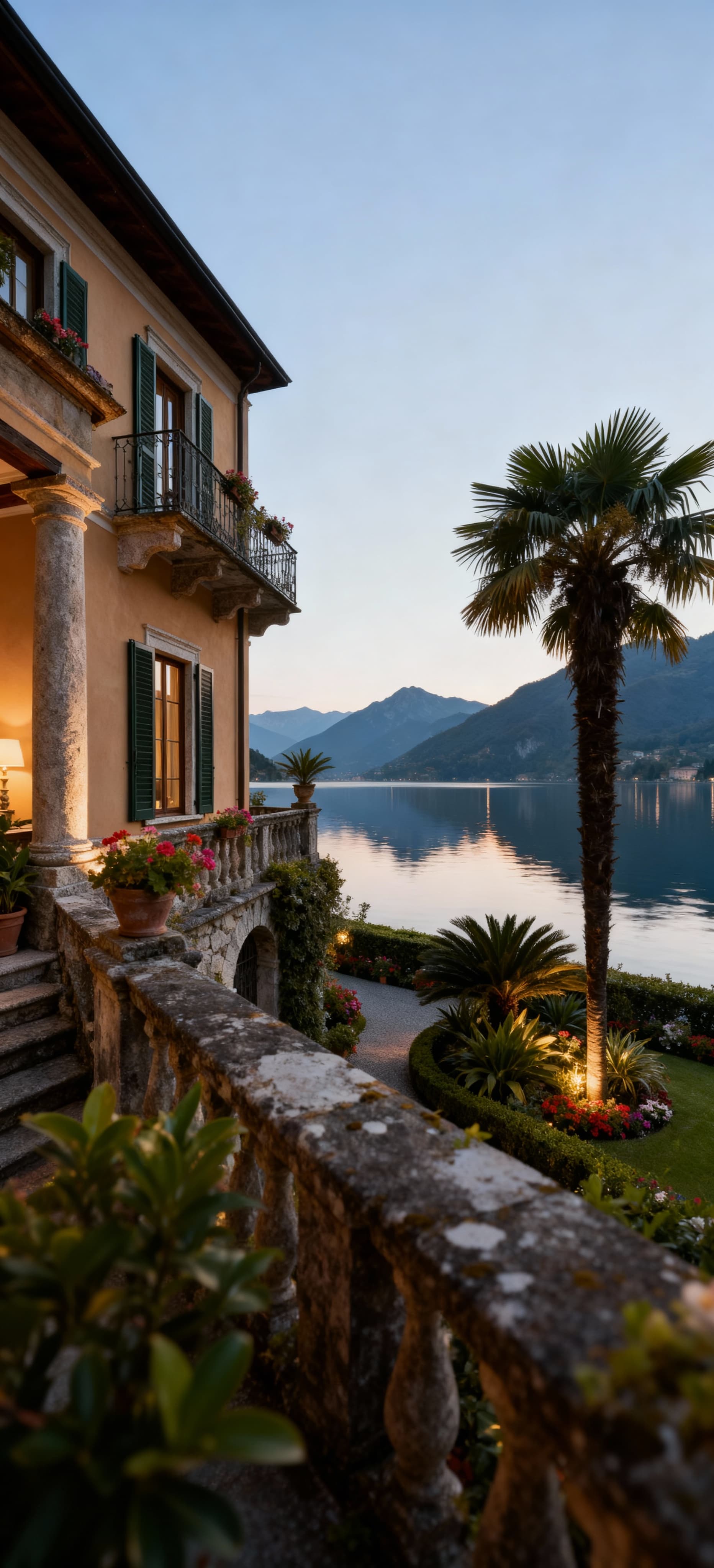 Villa storica sul Lago Maggiore, paesaggio sereno con acqua e montagne, giardino rigoglioso e materiali naturali eleganti.