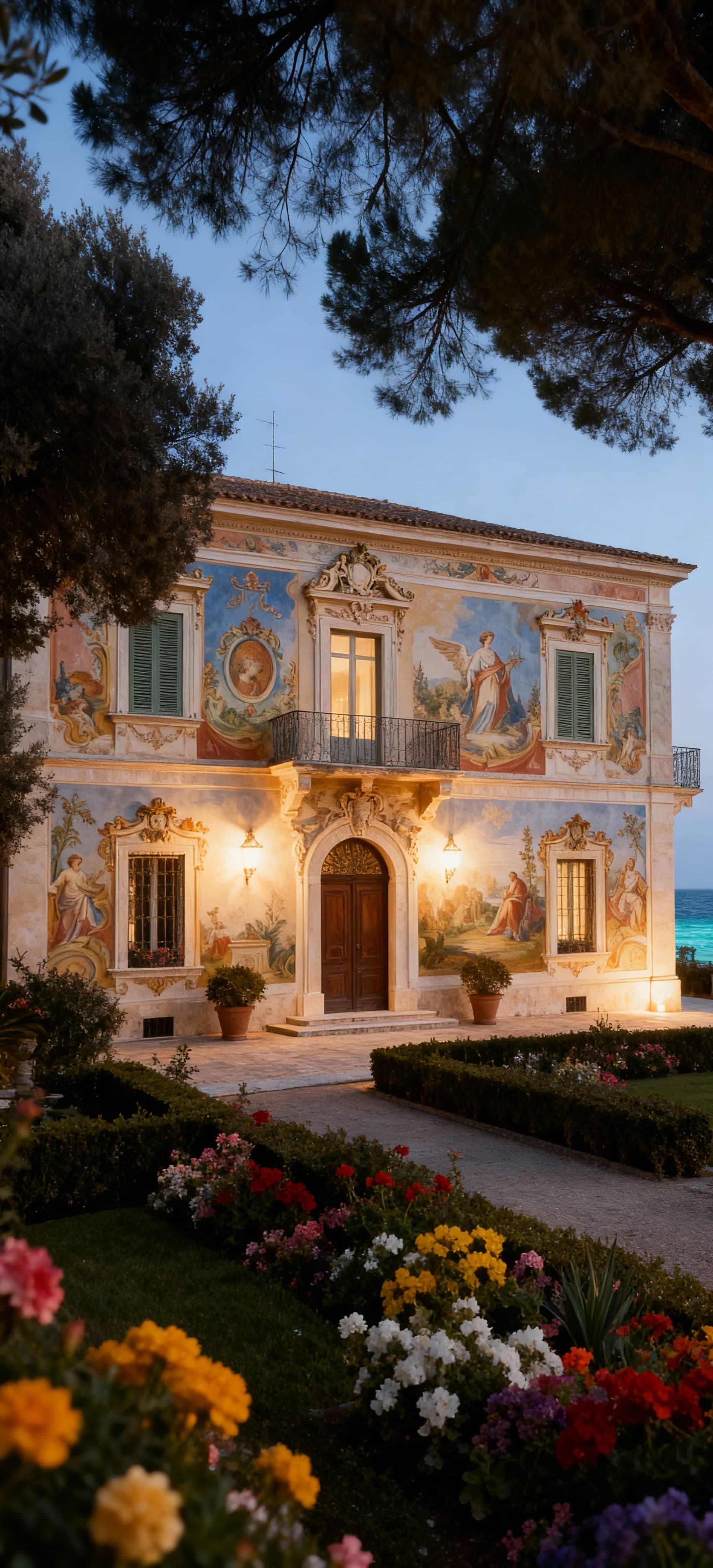 Villa storica a Brindisi con affreschi barocchi e giardino fiorito, mentre in lontananza si staglia il mare cristallino.