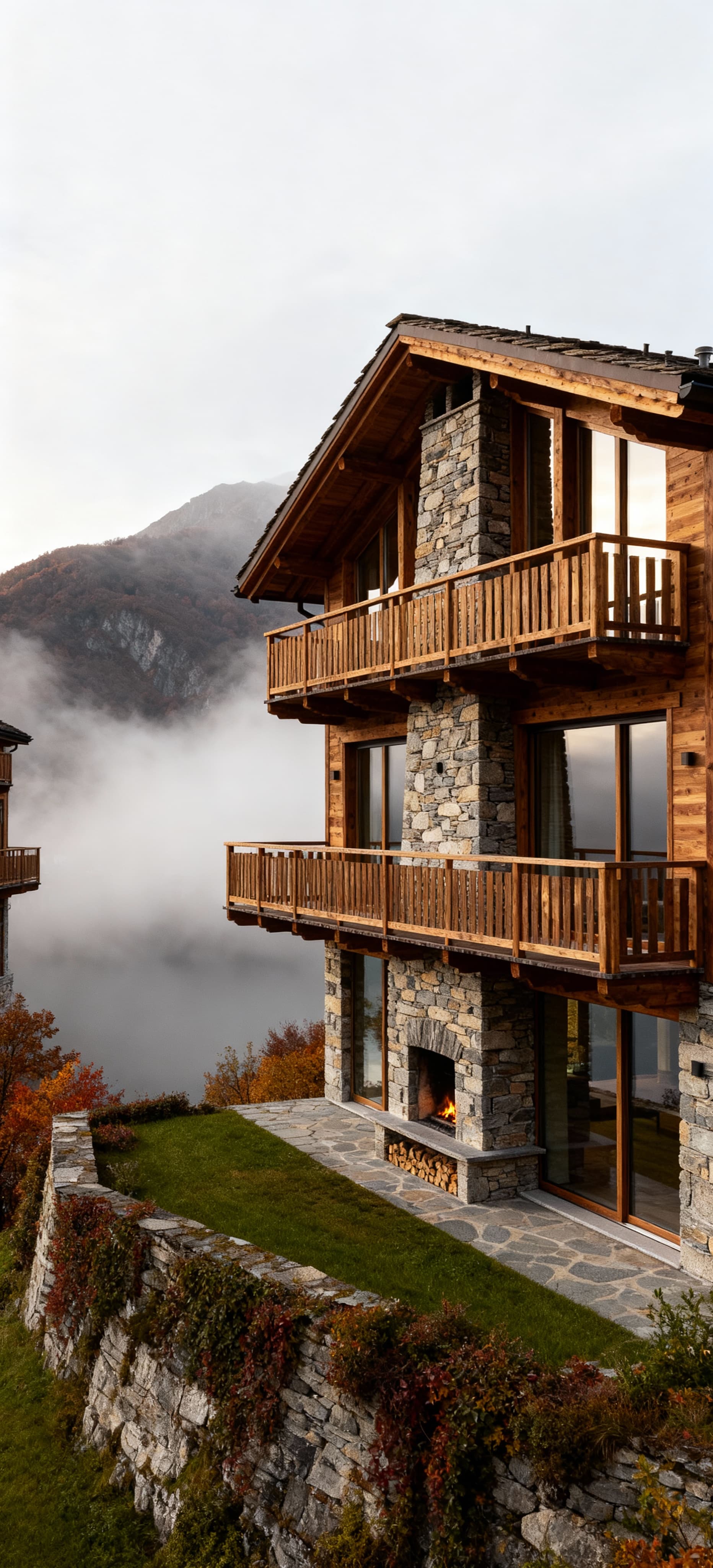 Elegante villa in Puglia, immersa nella nebbia mattutina, con dettagli in legno e vetro, circondata da un paesaggio suggestivo.