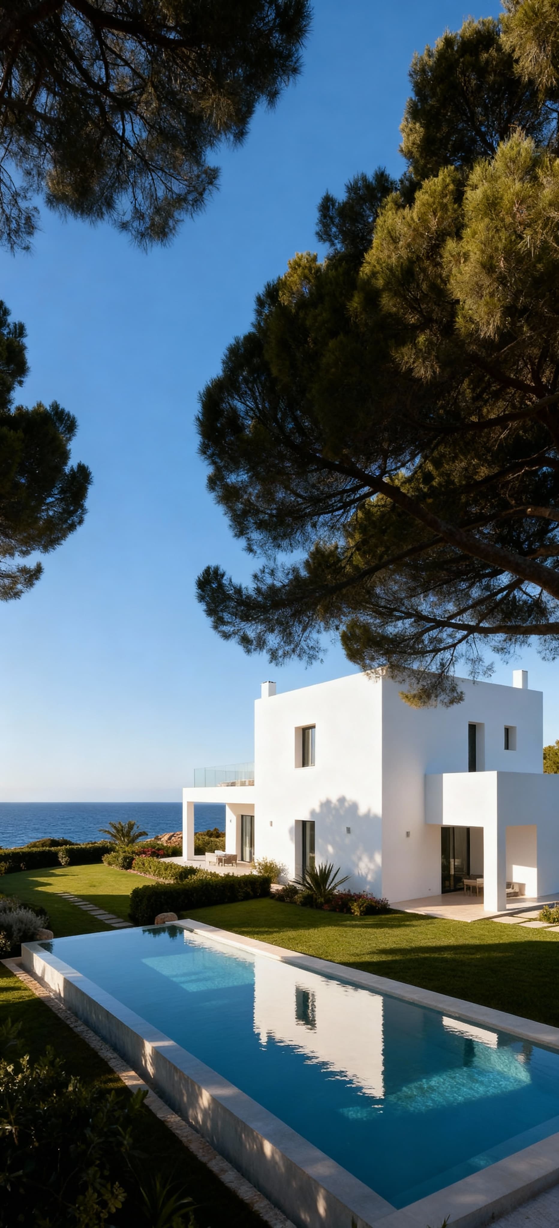 Villa moderna di lusso a Taranto, Puglia, con piscina a sfioro e giardini curati, vista serena sulla Costa Smeralda.