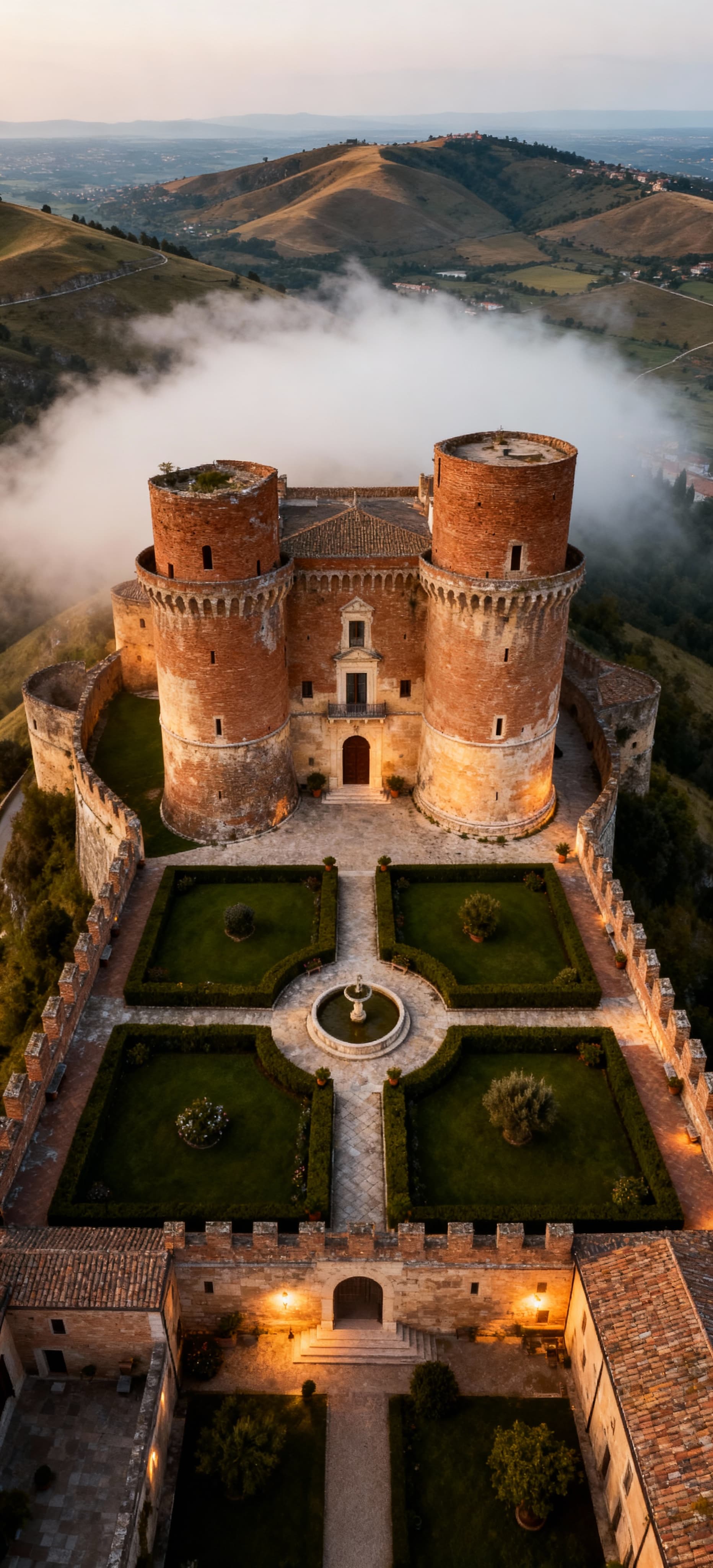 Castello storico a Enna, circondato da colline e un panorama incantevole, con un giardino curato e un velo di misteriosa foschia.