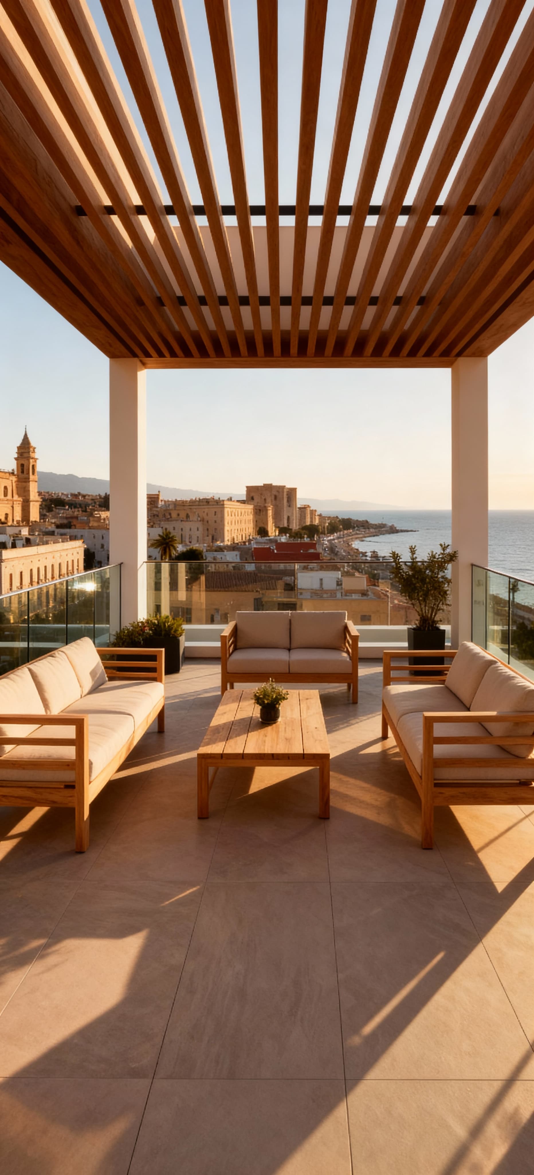 Attico panoramico a Palermo con terrazzo sul mare, arredato in legno chiaro, illuminato dal sole del pomeriggio e con vista sui monumenti storici.