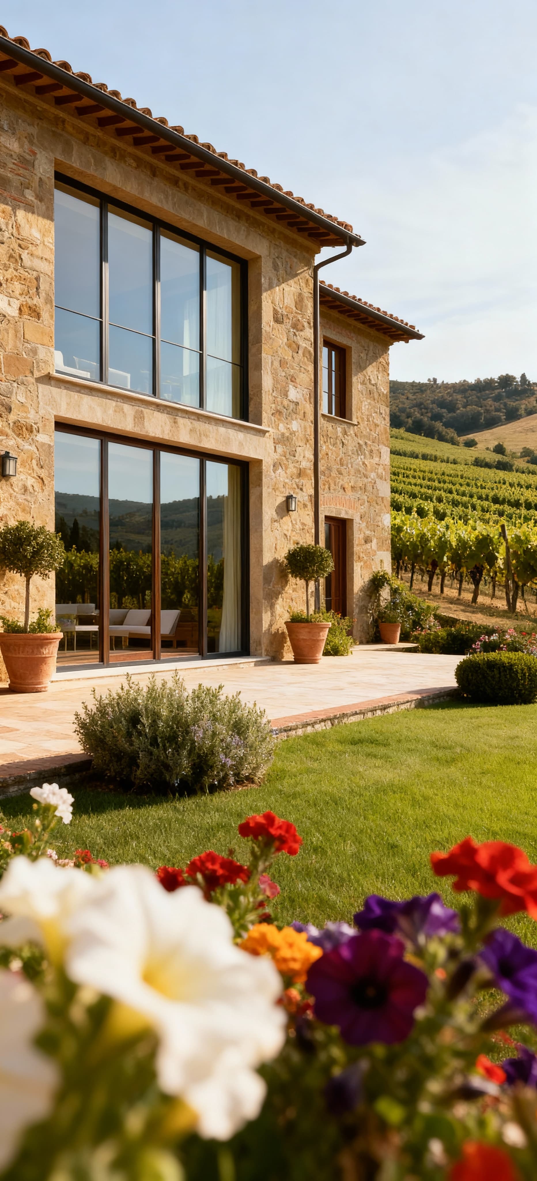 Villa di lusso nel Chianti, circondata da vigneti e un giardino fiorito, con facciata in pietra e ampie finestre.