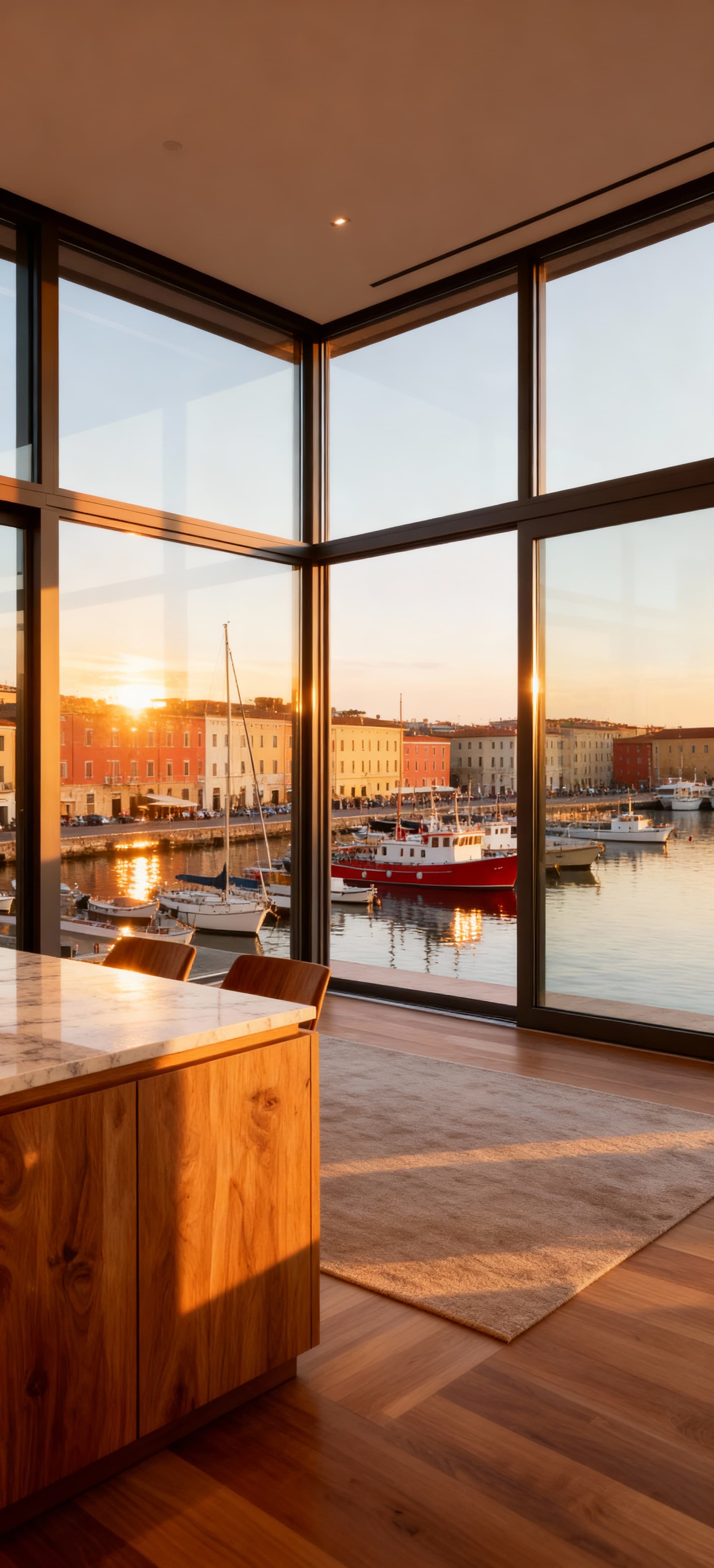 Attico panoramico a Livorno, vetrate sul porto, luce dorata su arredi in legno e superfici in marmo. Atmosfera urbana vivace.
