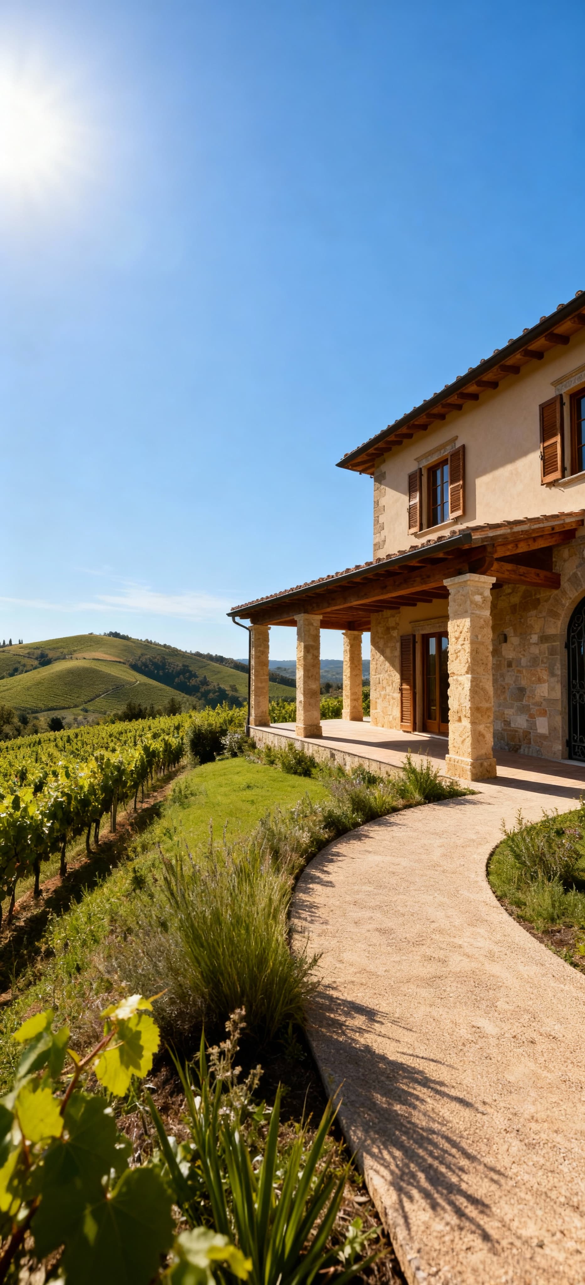 Elegante villa in pietra e legno a Pistoia, circondata da vigneti e colline, sotto un cielo azzurro e sole splendente.