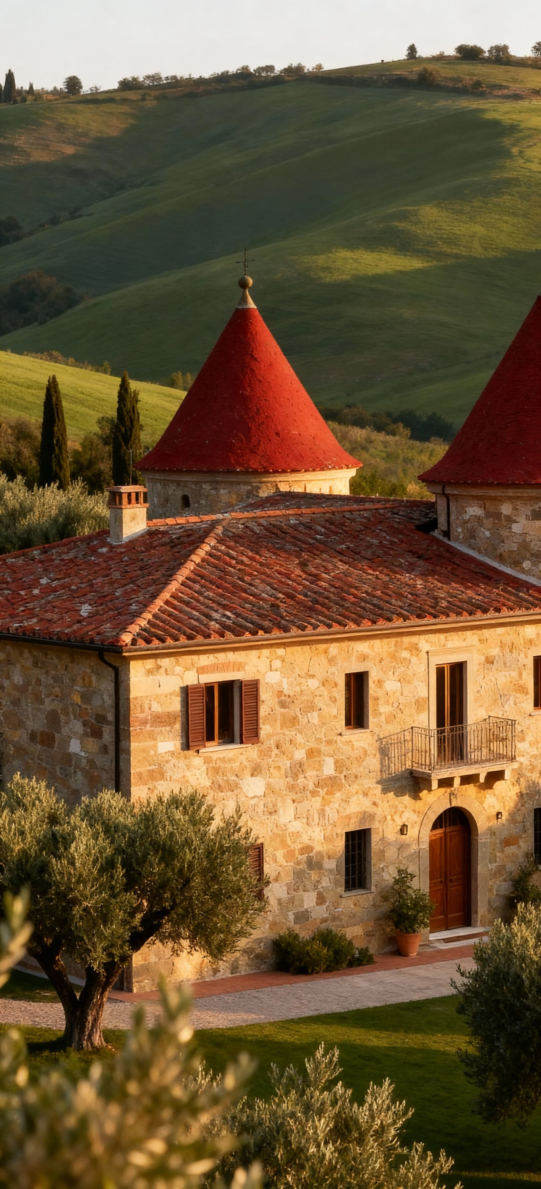 Elegante villa toscana in vendita a Siena, circondata da ulivi e colline verdi, illuminata dalla luce del mattino.