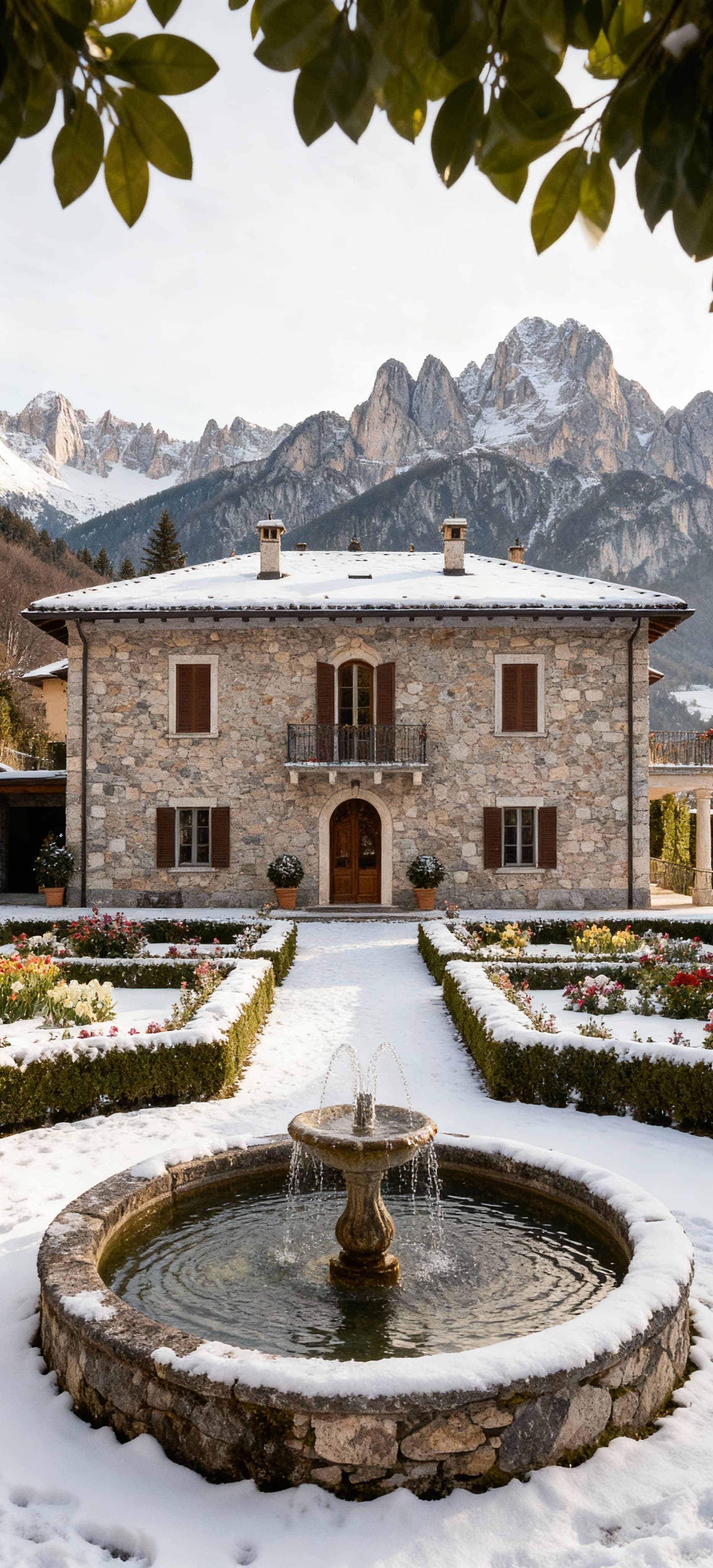 Villa storica in pietra a Belluno, circondata da verdi panorami dolomitici, con giardino fiorito e fontane. Atmosfera serena invernale.