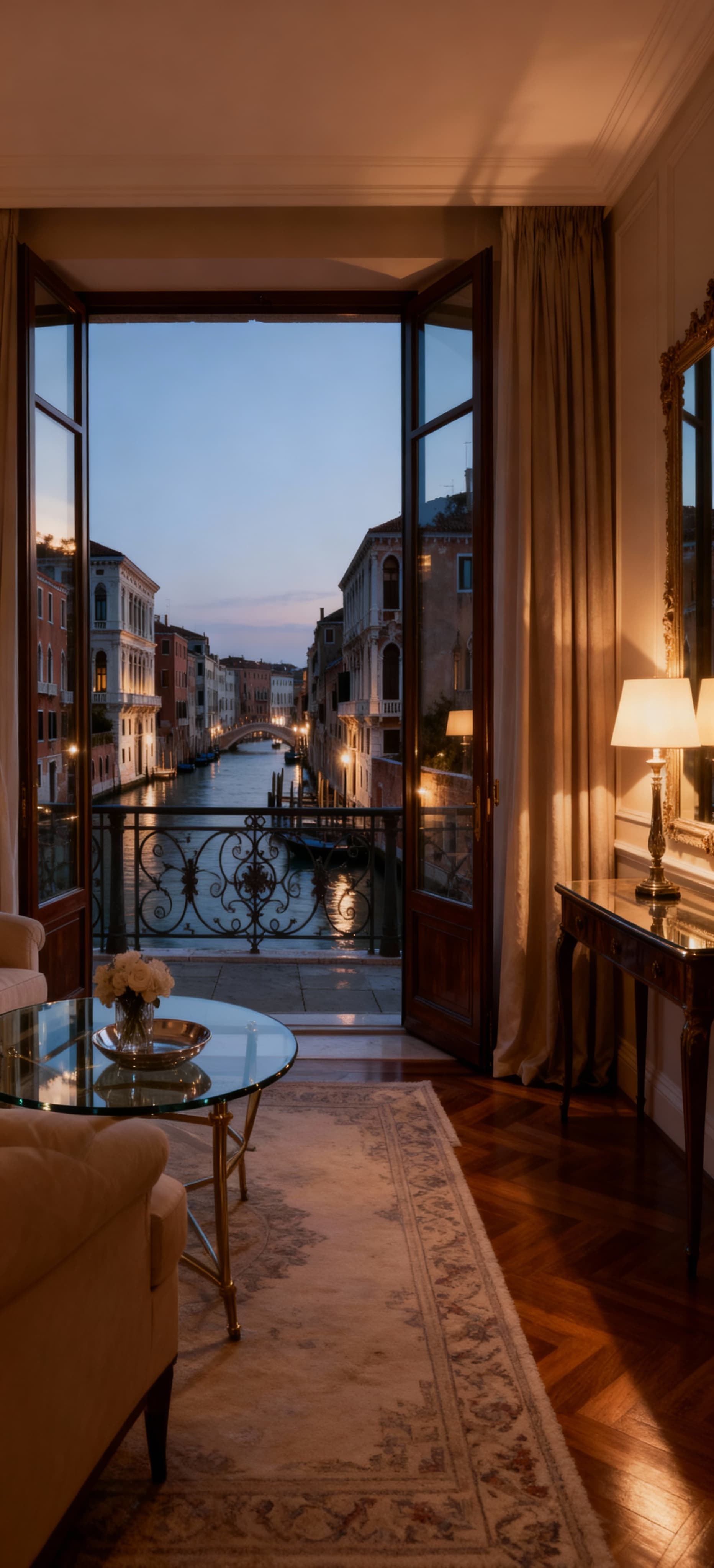 Attico raffinato a Venezia con vista sui canali e dettagli in vetro e legno, atmosfera romantica al tramonto.