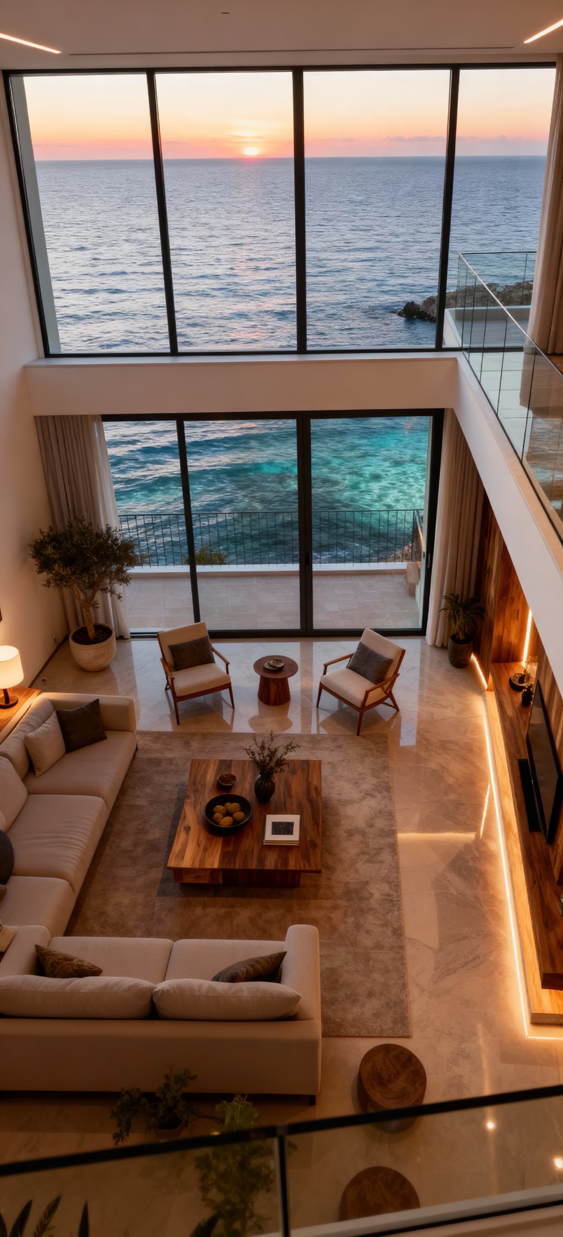 Attico panoramico in Calabria con vetrate sul mare, interni moderni luminosi e dettagli in legno, immerso nella luce del tardo pomeriggio.