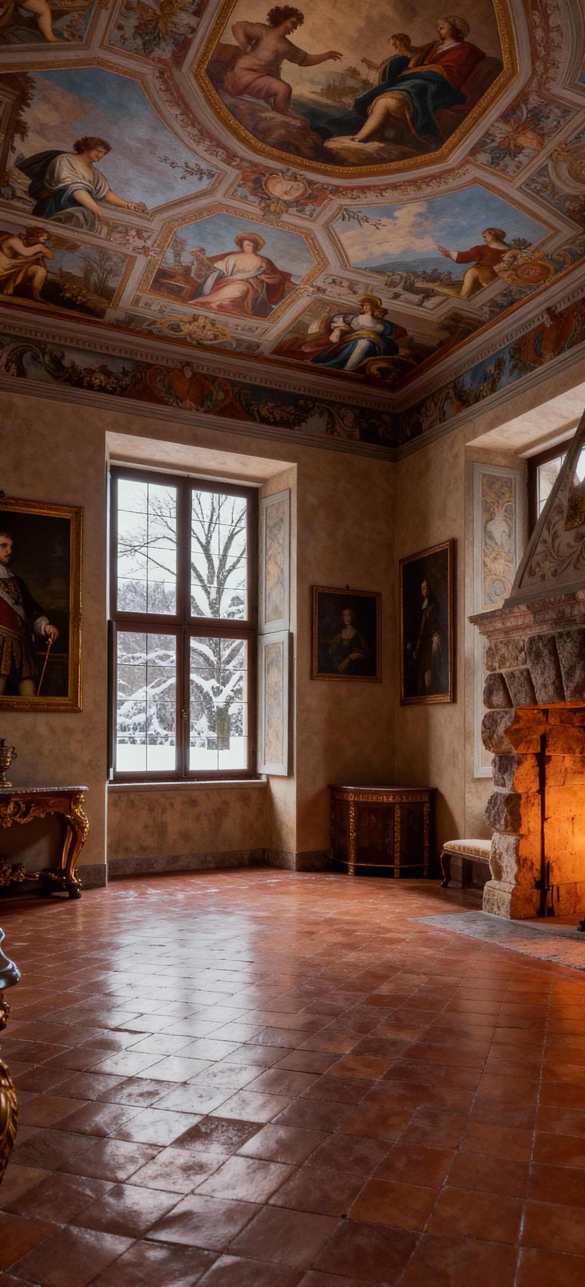 Interno di un castello lombardo in vendita, con soffitti affrescati, pavimenti in cotto e luce invernale che illumina il camino.