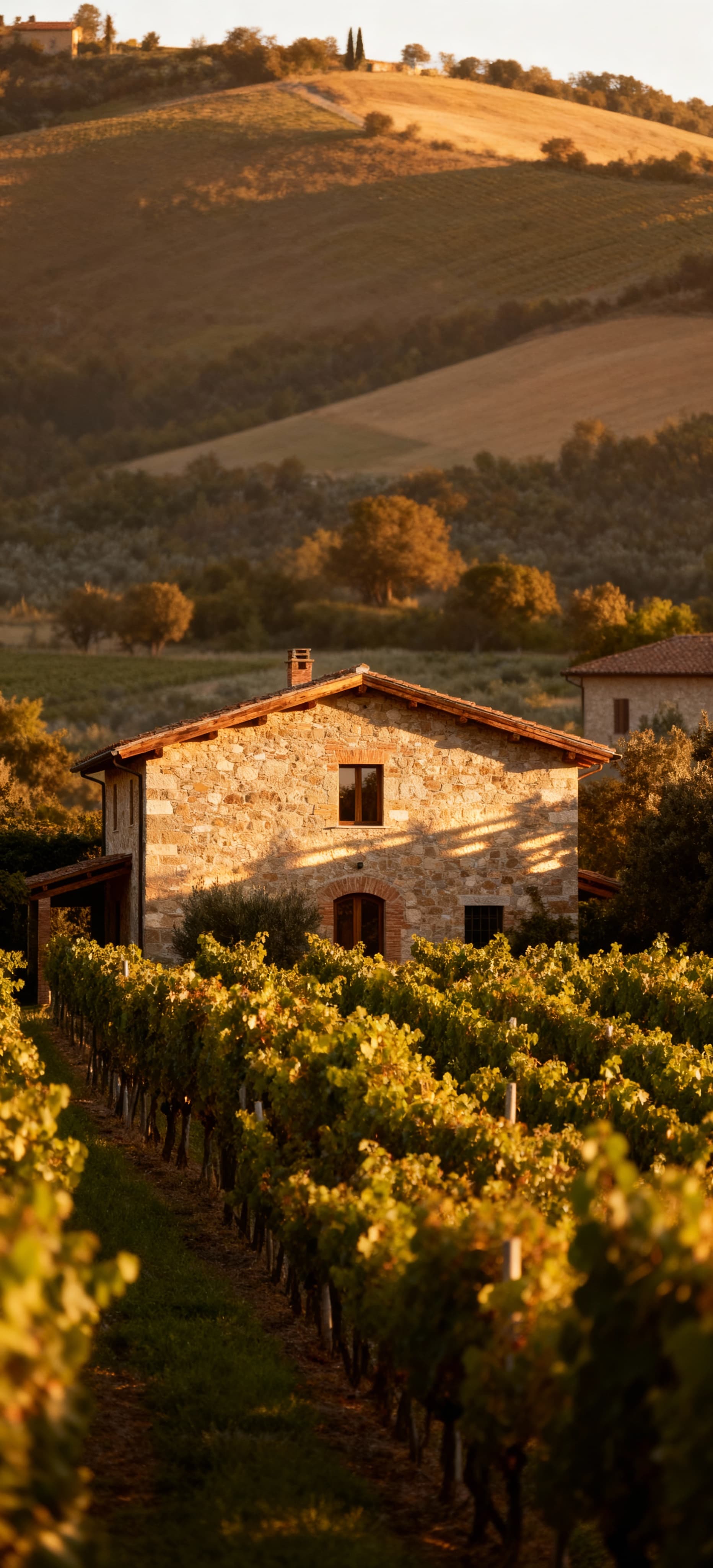 Appartamenti in vendita in Puglia: un casale rustico tra vigneti, con pareti in pietra, tetto in legno e luce pomeridiana.