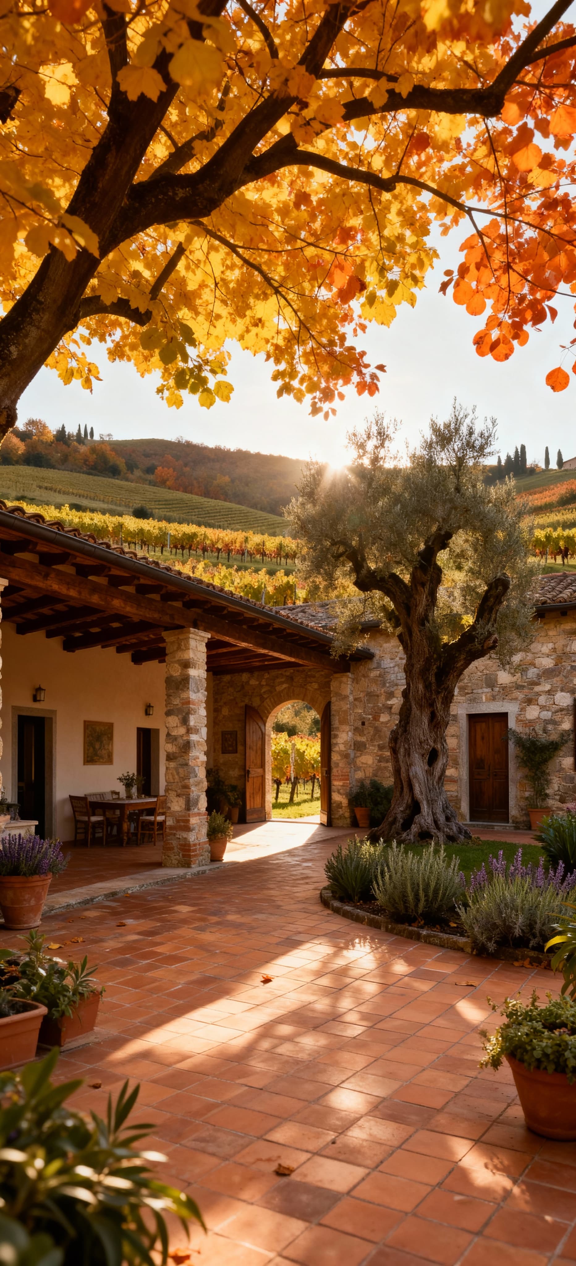 Rustico piemontese in pietra immerso nelle colline vinicole, circondato da un paesaggio autunnale e alberi secolari.