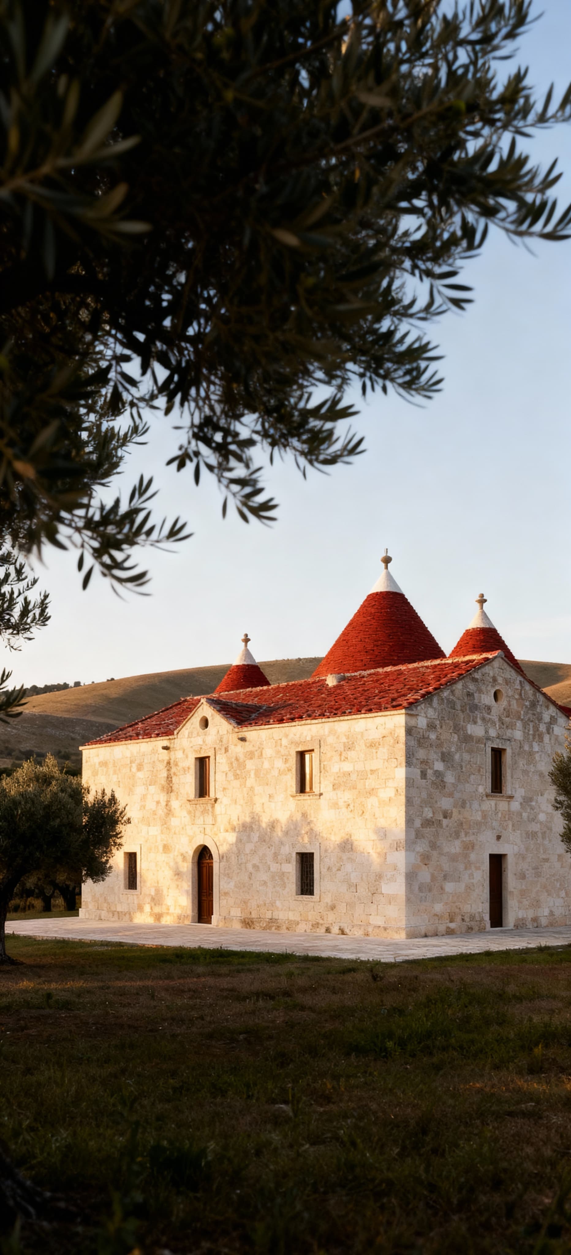 Terratetti in vendita in Piemonte, masseria storica tra uliveti, pareti in pietra e tetto in coppi rossi sotto un cielo sereno.