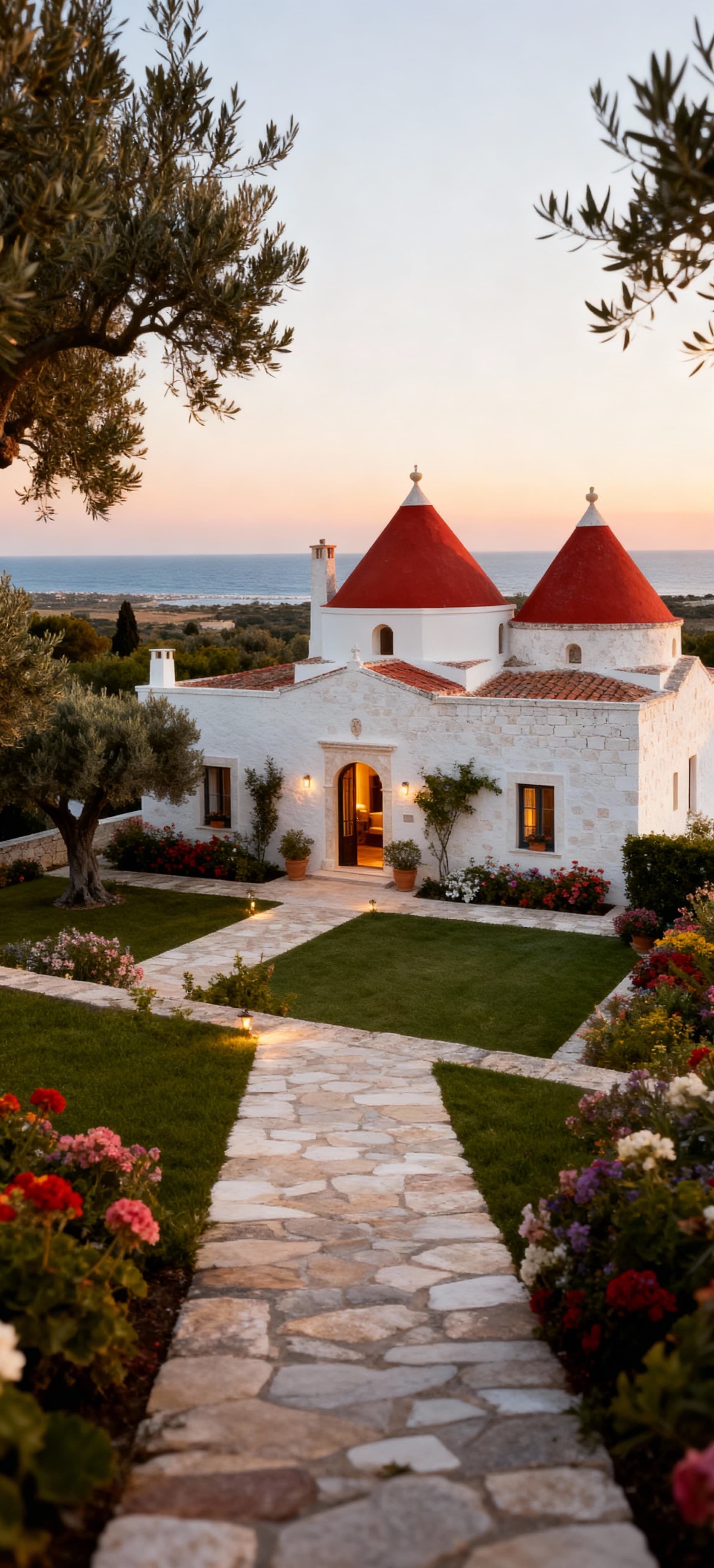 Elegante villa pugliese tra ulivi secolari, con pareti in pietra bianca e tetti rossi, circondata da un giardino fiorito.