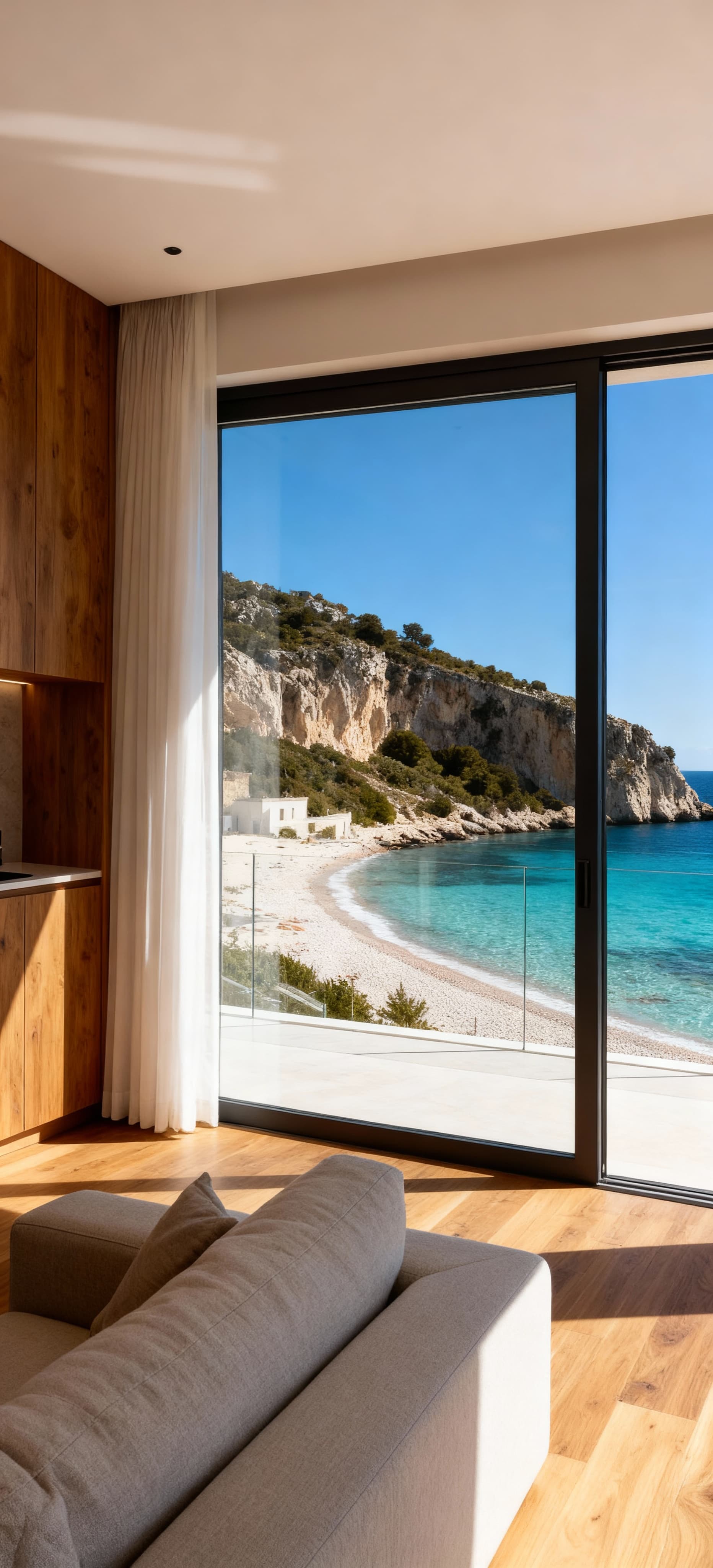 Appartamento moderno con vista su caletta sarda, grandi vetrate e atmosfera elegante di legno e vetro, cielo blu sereno.