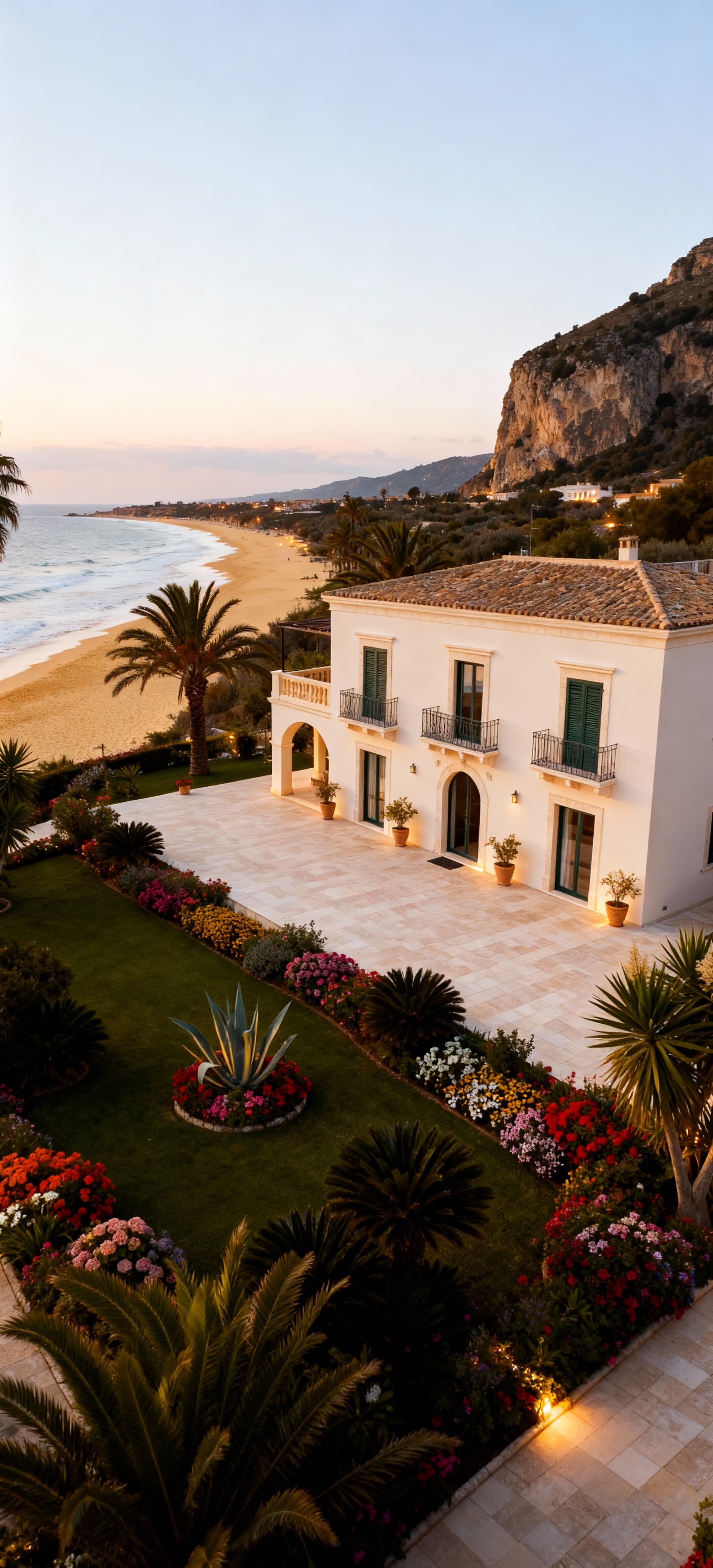 Elegante villa in vendita in Sardegna, con pareti chiare, terrazze spaziose e giardino tropicale affacciato su spiaggia dorata.