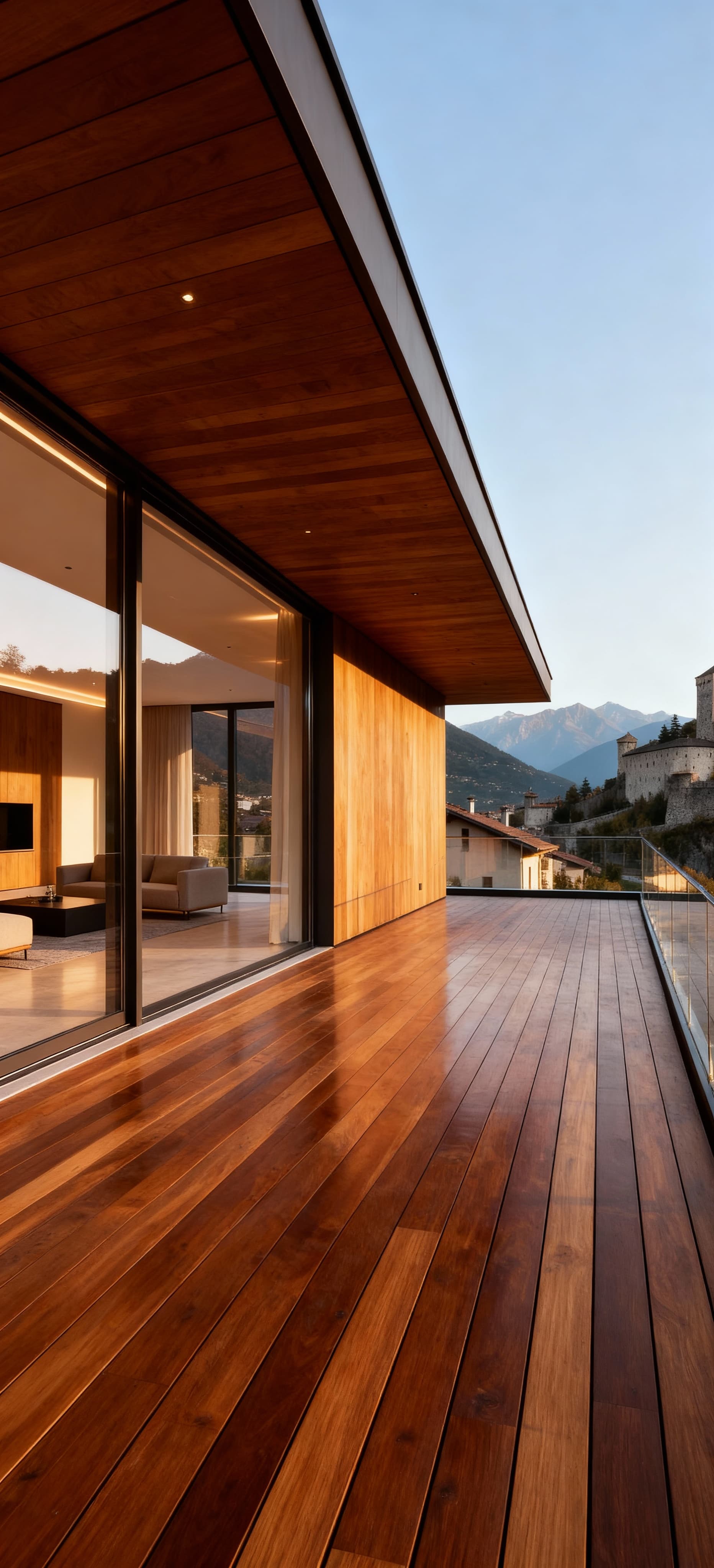 Elegante attico a Bellinzona con vista sul castello e montagne, ampie terrazze in legno e interni illuminati dal pomeriggio.
