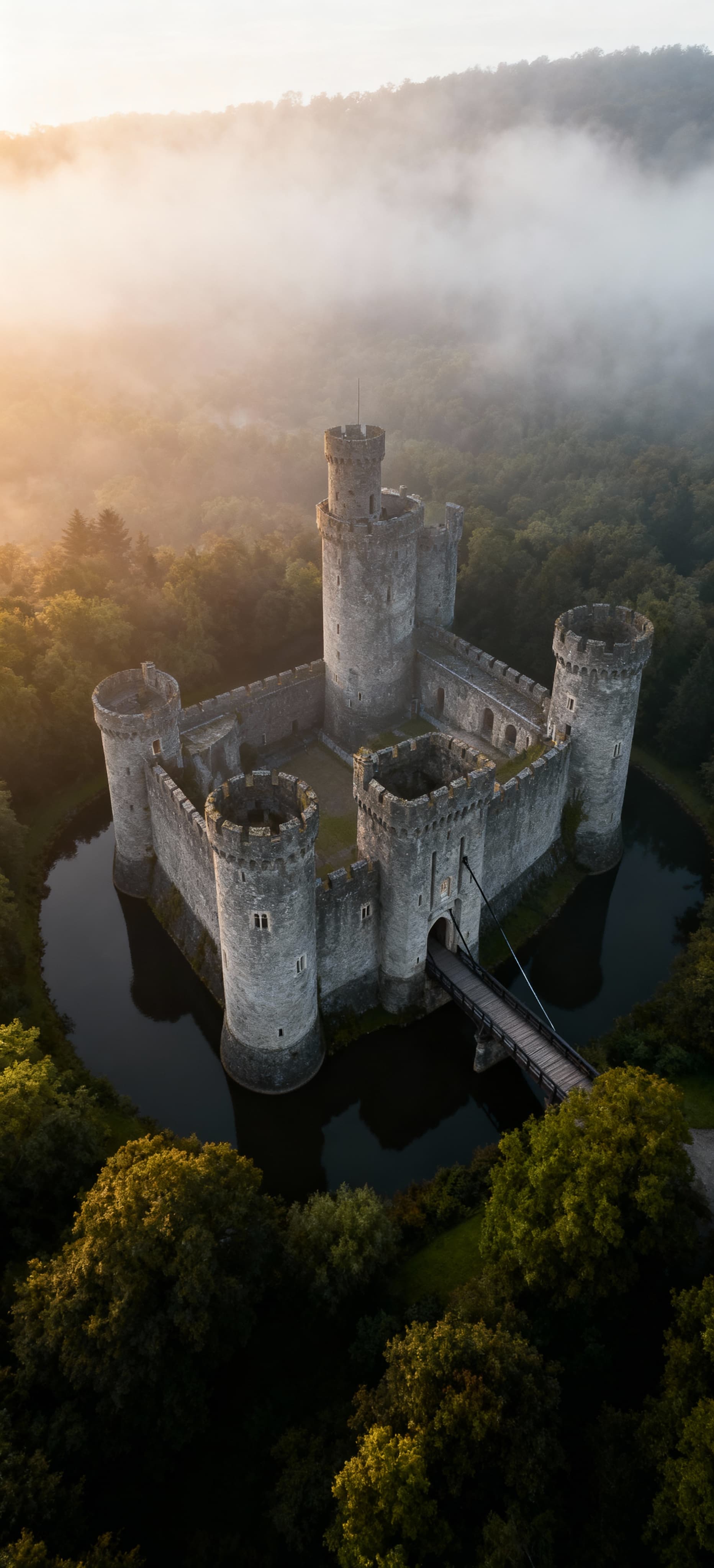 Castello medievale avvolto nella nebbia del mattino, circondato da un bosco lussureggiante, con torri e fossato.